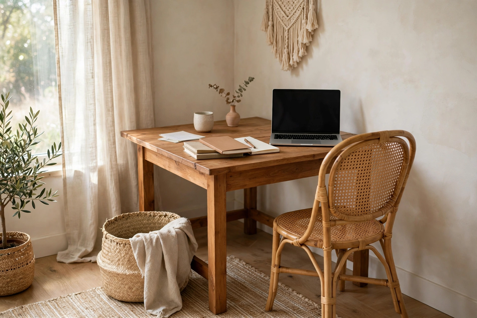 Rattan cane desk chair at a warm wood desk in a boho home office