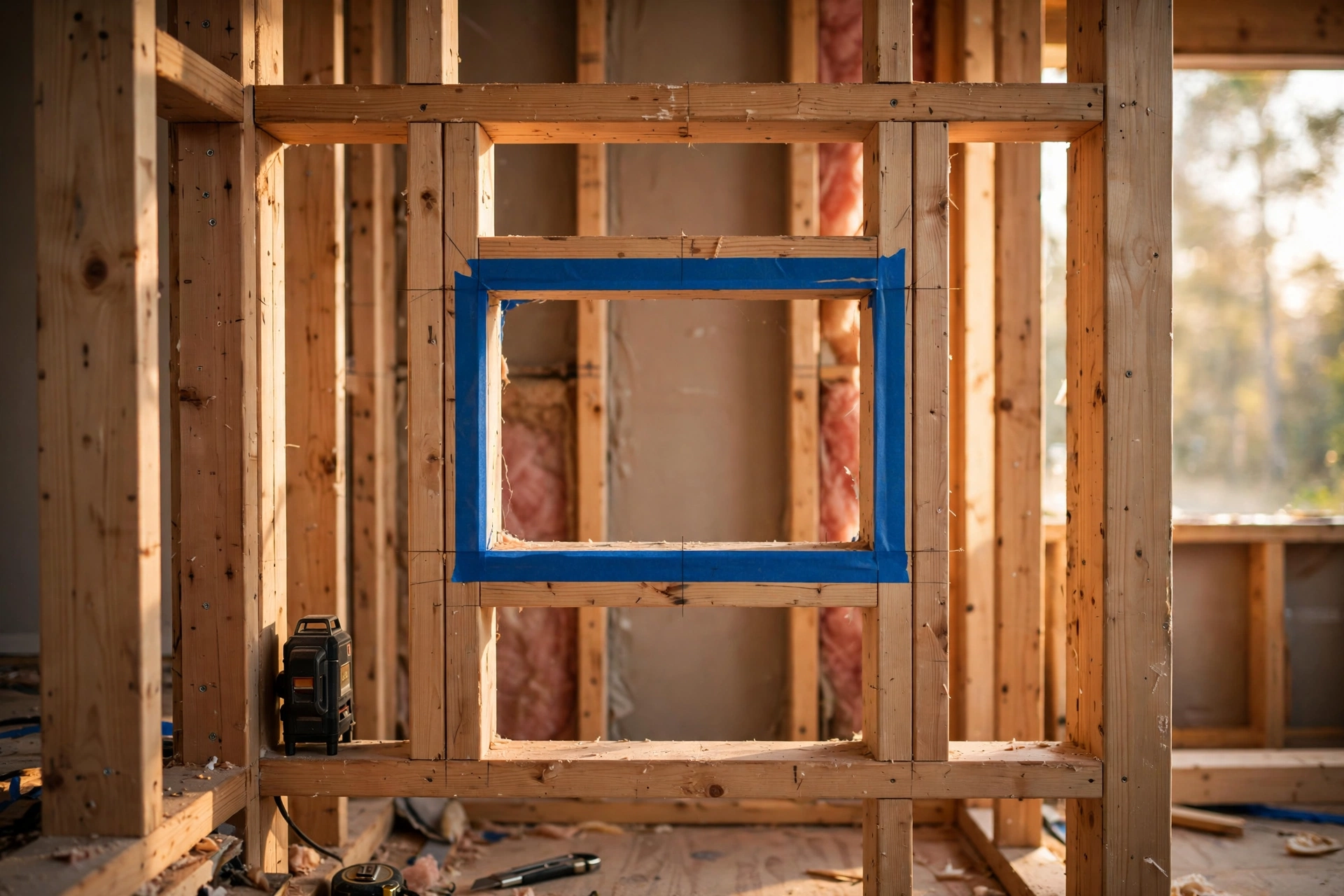 Shower wall framing marked for niche placement before tiling begins