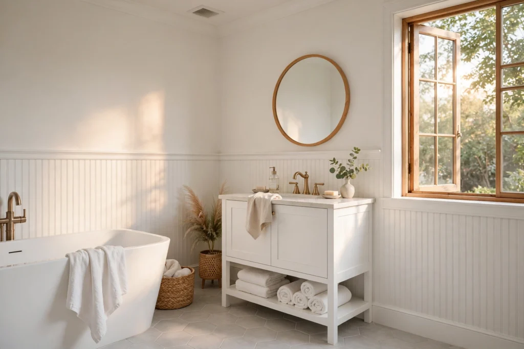 White PVC beadboard wainscoting in a bright moisture proof bathroom