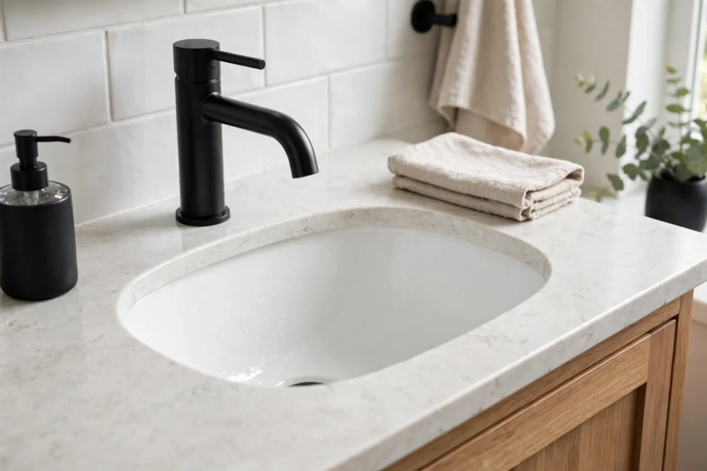 Matte black faucet contrasting with a white porcelain bathroom sink