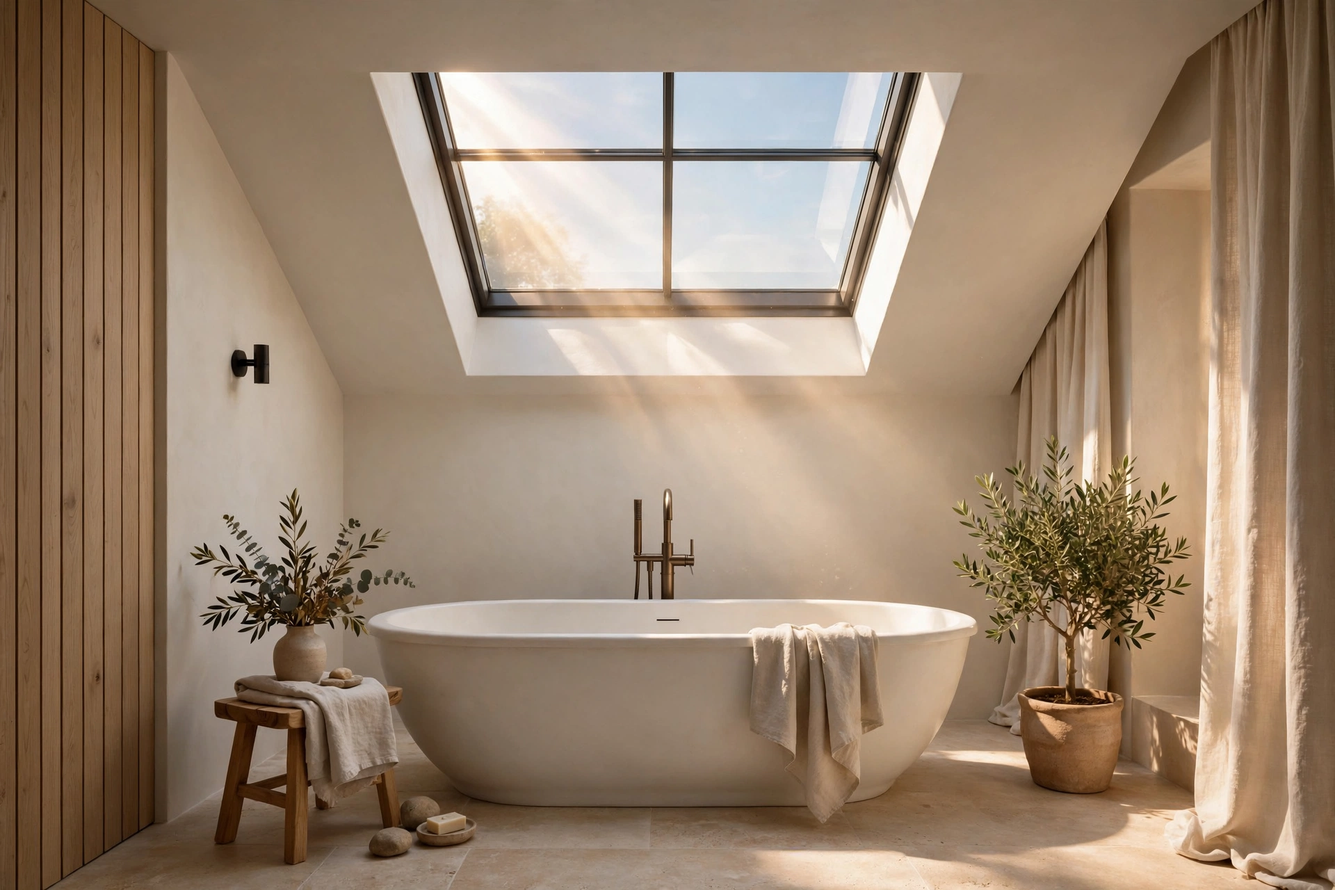 Skylight centered over a freestanding bathtub in a serene bathroom