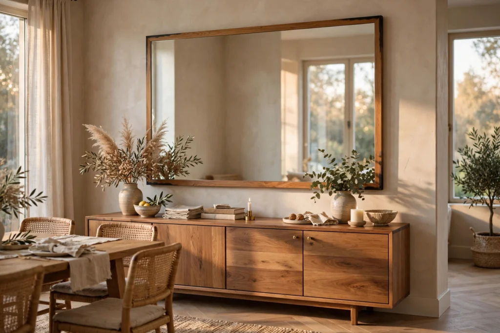 Oversized rectangular mirror centered above a styled wooden dining sideboard