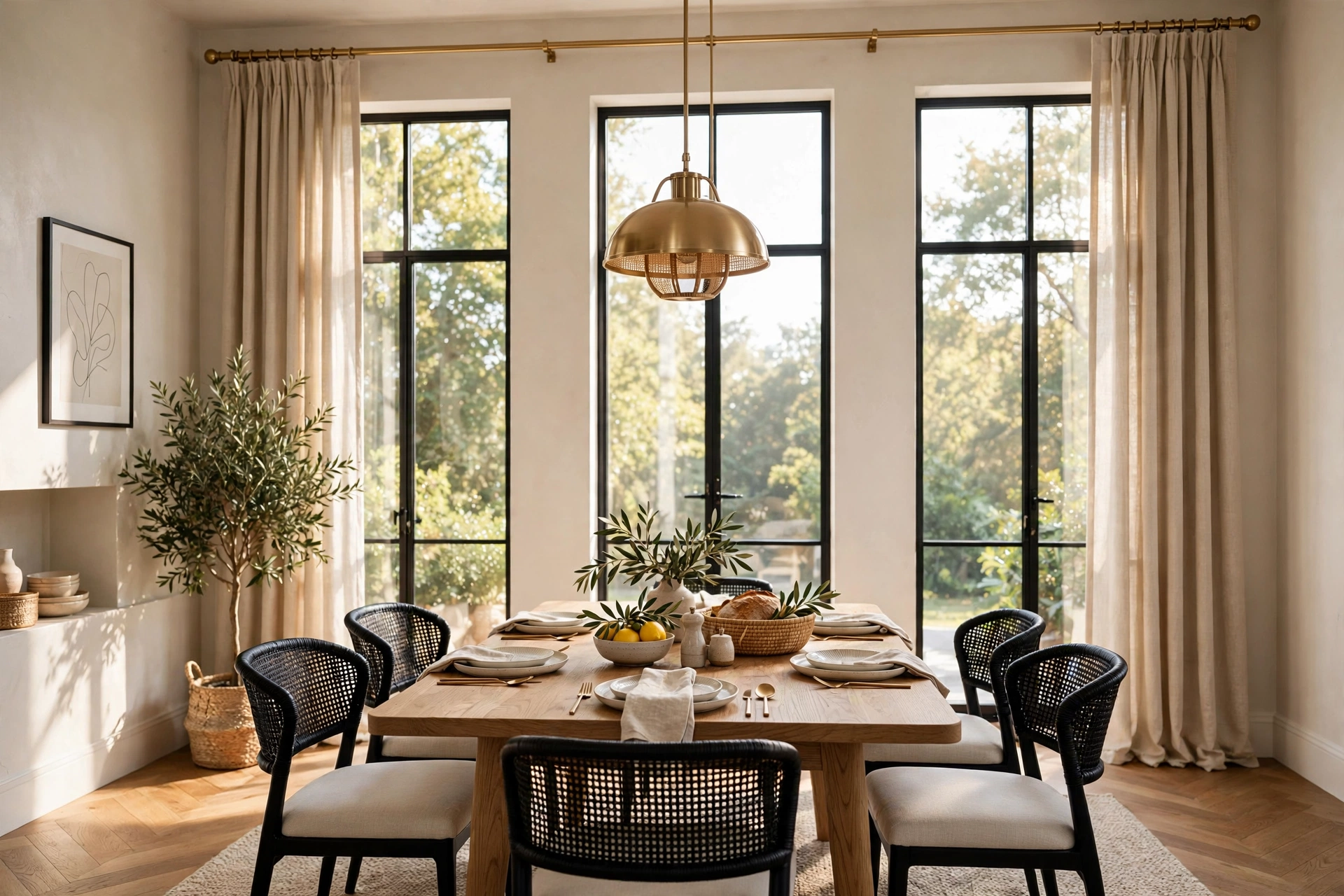 Dining room curtains hung high and wide on a brass rod above tall windows