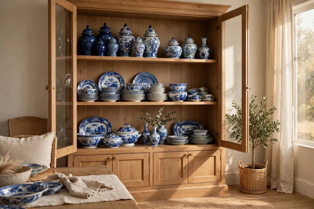 China cabinet shelves curated by color with blue and white porcelain groupings
