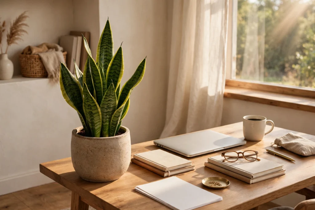 Snake plant in a ceramic pot beside a home office desk