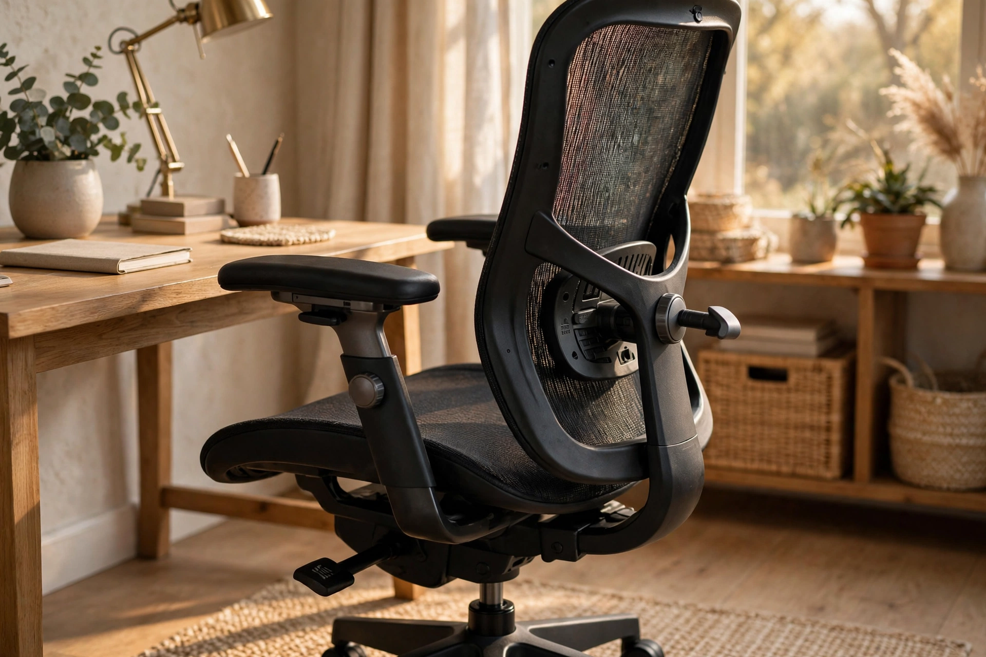 Ergonomic desk chair showing adjustable lumbar support and armrests