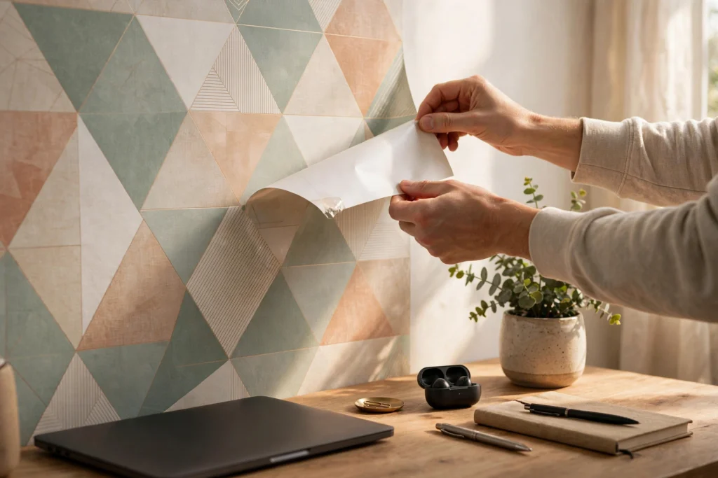 Peel-and-stick geometric wallpaper being applied behind a home office desk