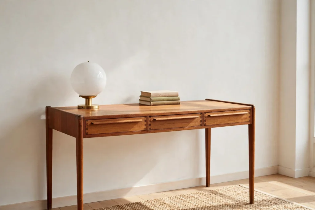 Vintage Danish teak writing desk with slim profile styled with a globe lamp and books