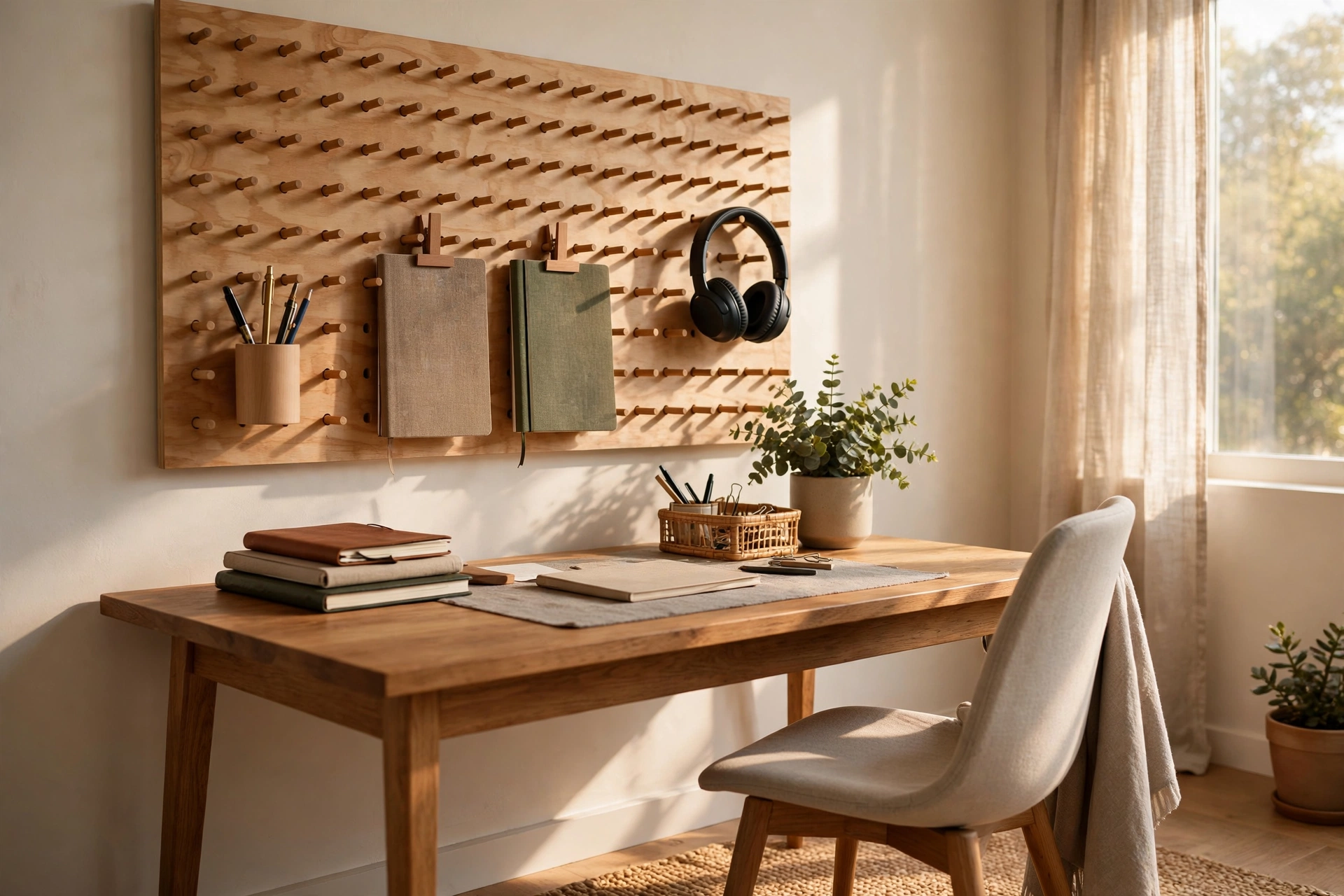 Home office pegboard idea with a wooden pegboard mounted above a desk holding pens notebooks and headphones