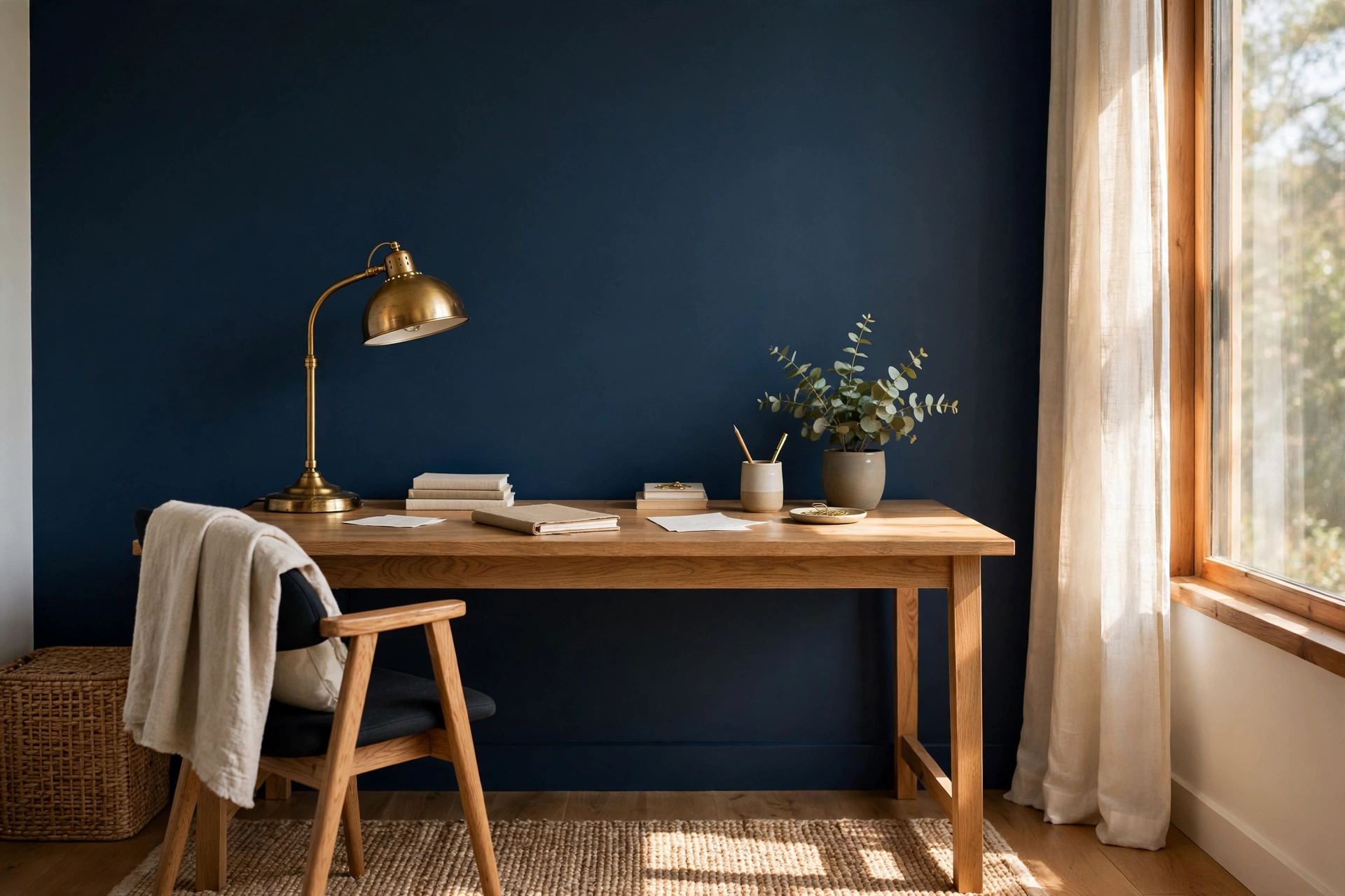 Home office desk against a deep navy painted accent wall with brass desk lamp