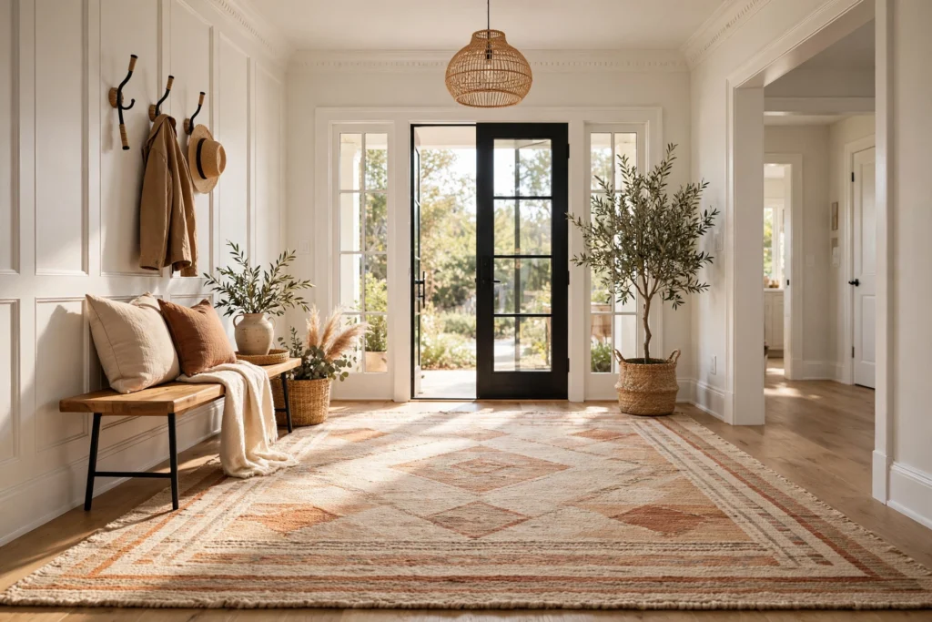 Generously sized entryway rug filling a bright foyer