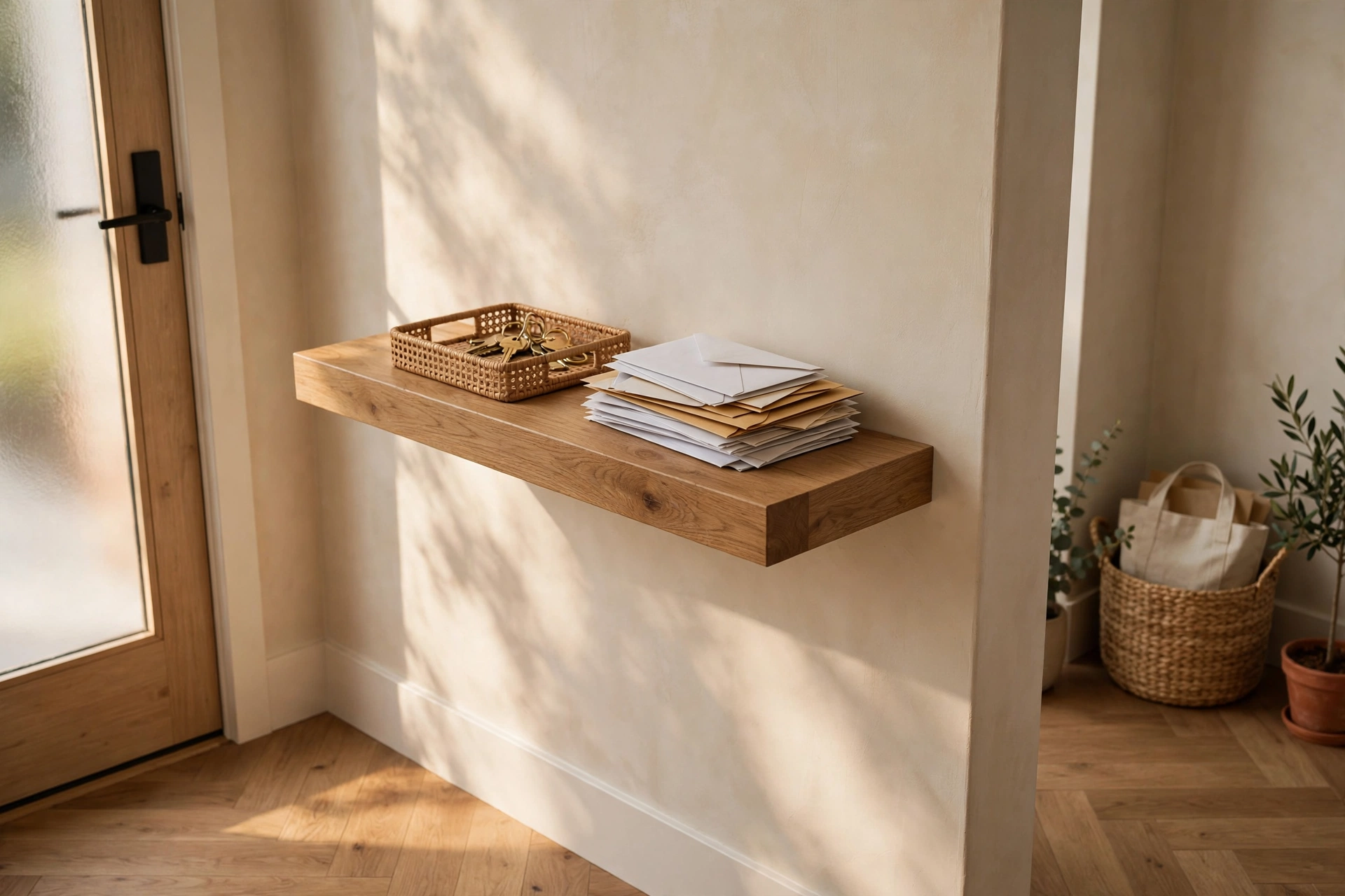 Floating wooden shelf mounted at chest height in an entryway holding a key tray and mail stack