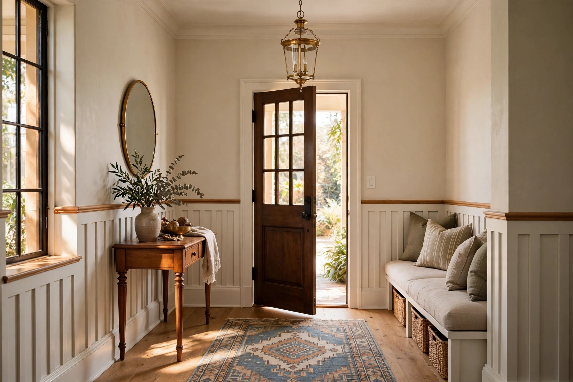 Classic board and batten wainscoting at chair rail height in an elegant entryway