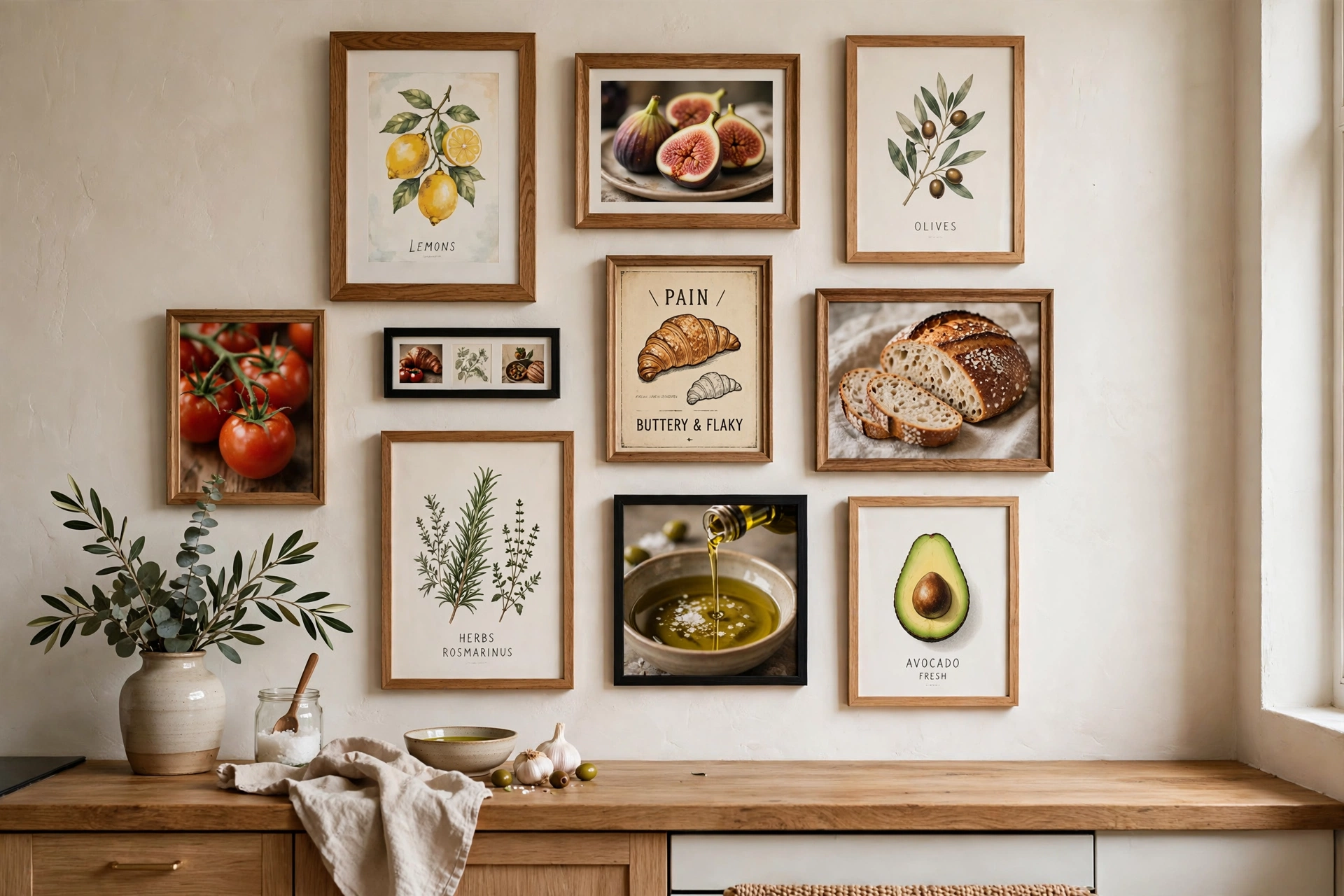 Gallery wall of framed food prints and photos on a kitchen wall