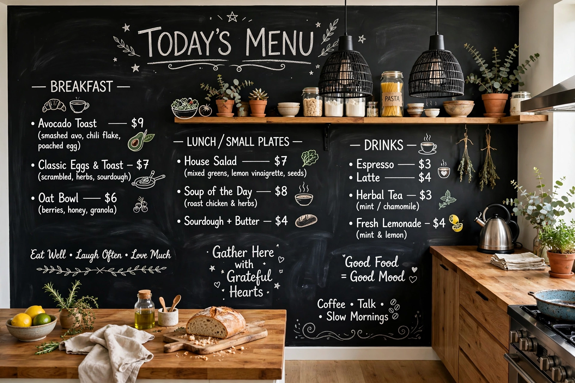 Full chalkboard accent wall in a kitchen with menu doodles and quotes