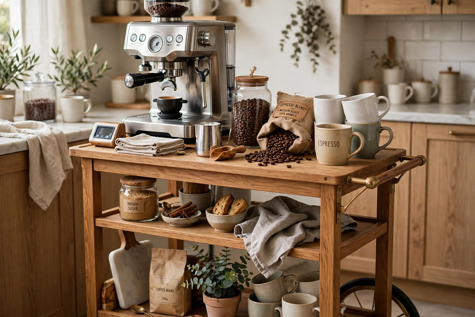 Kitchen cart styled as a coffee bar with machine mugs and beans