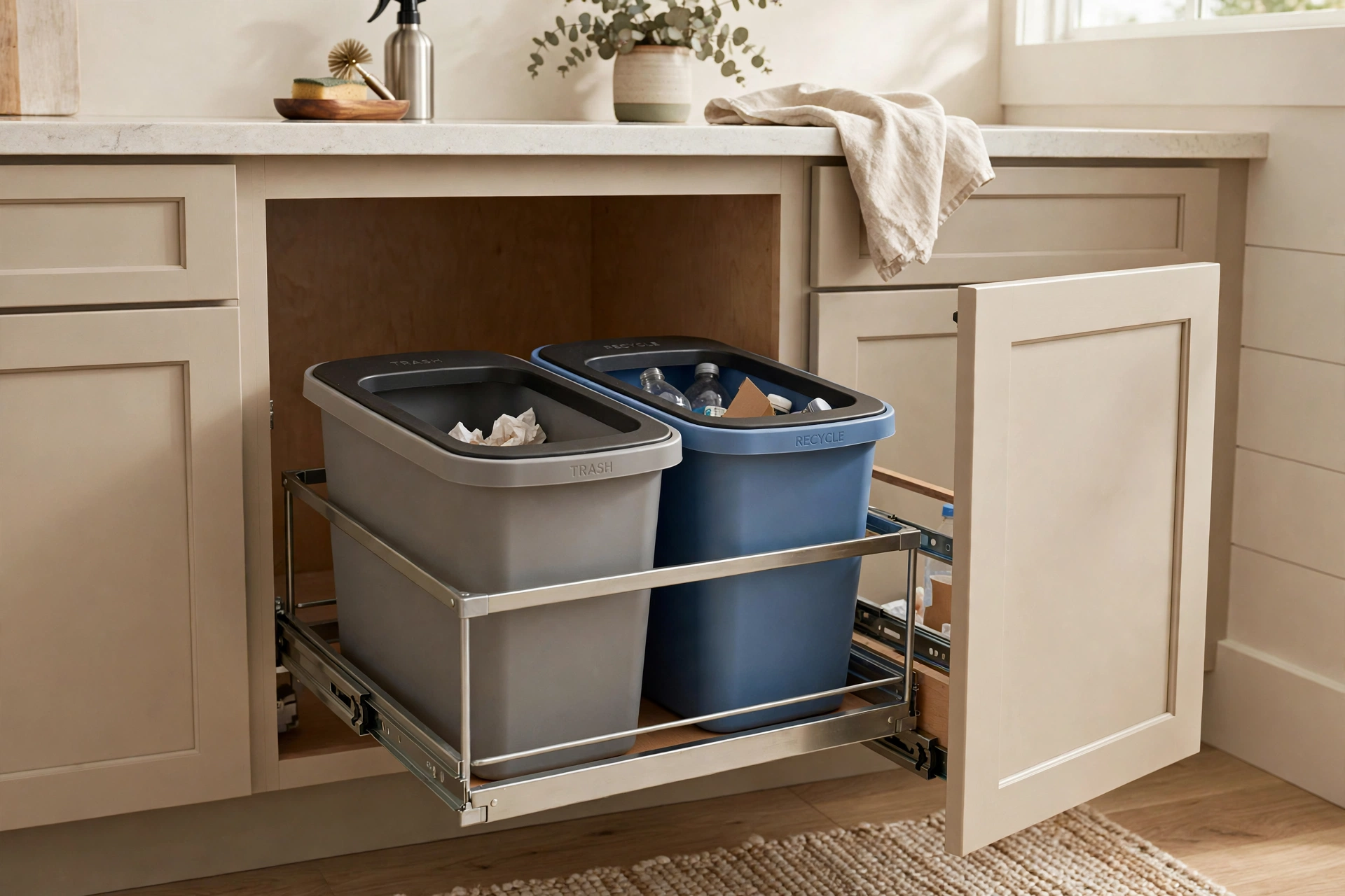 Pull out cabinet trash system with two bins gliding from a base cabinet