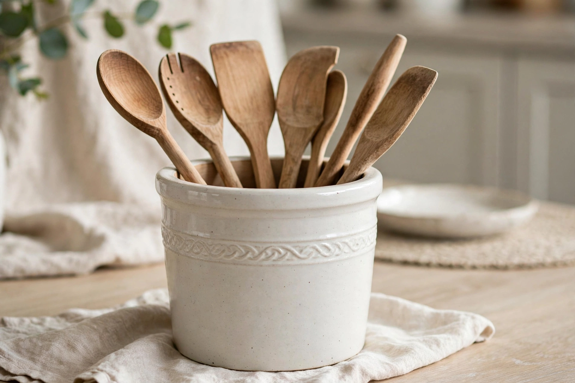 Classic white stoneware crock holding wooden spoons and spatulas