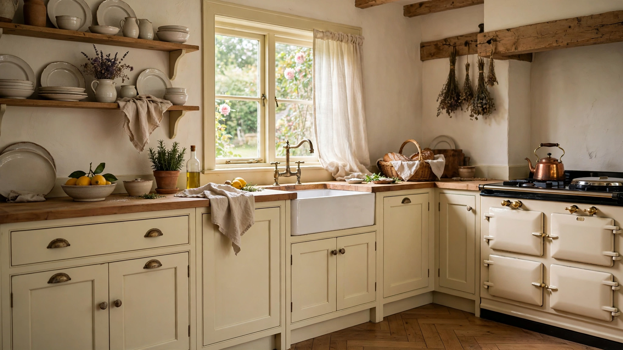 Cottage kitchen with soft cream painted cabinets and aged-brass cup pulls