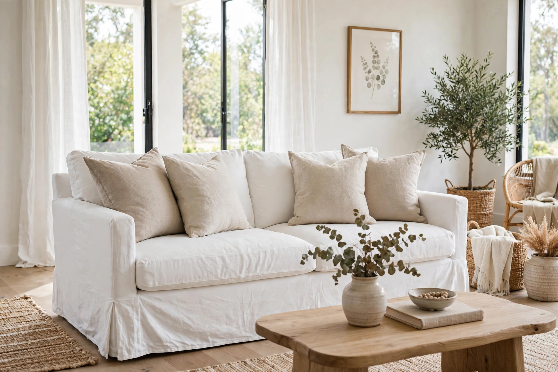 White slipcovered sofa with linen cushions in a bright airy living room