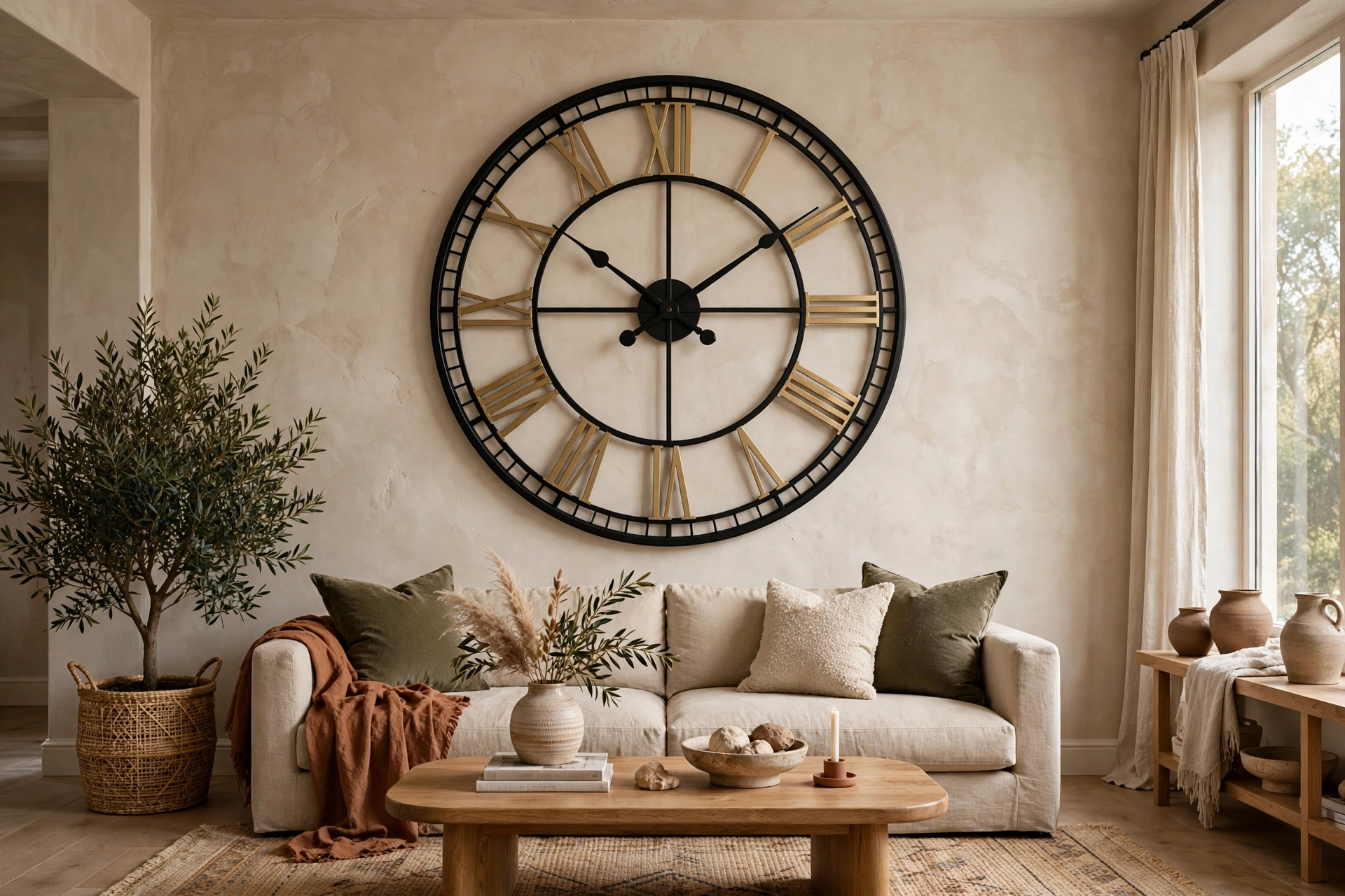Oversized round wall clock as a dramatic focal point in a living room