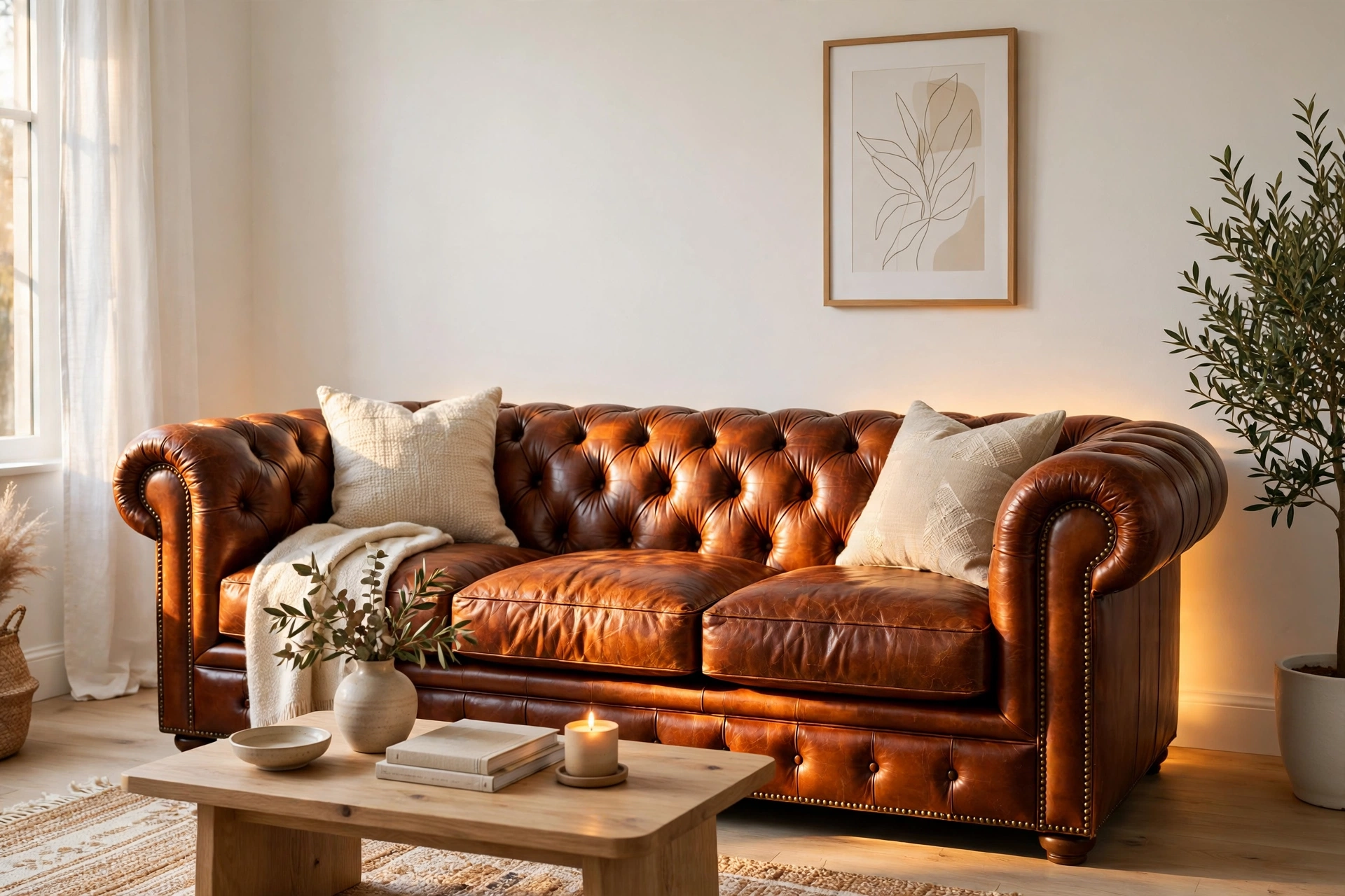 Classic cognac leather sofa glowing against white living room walls