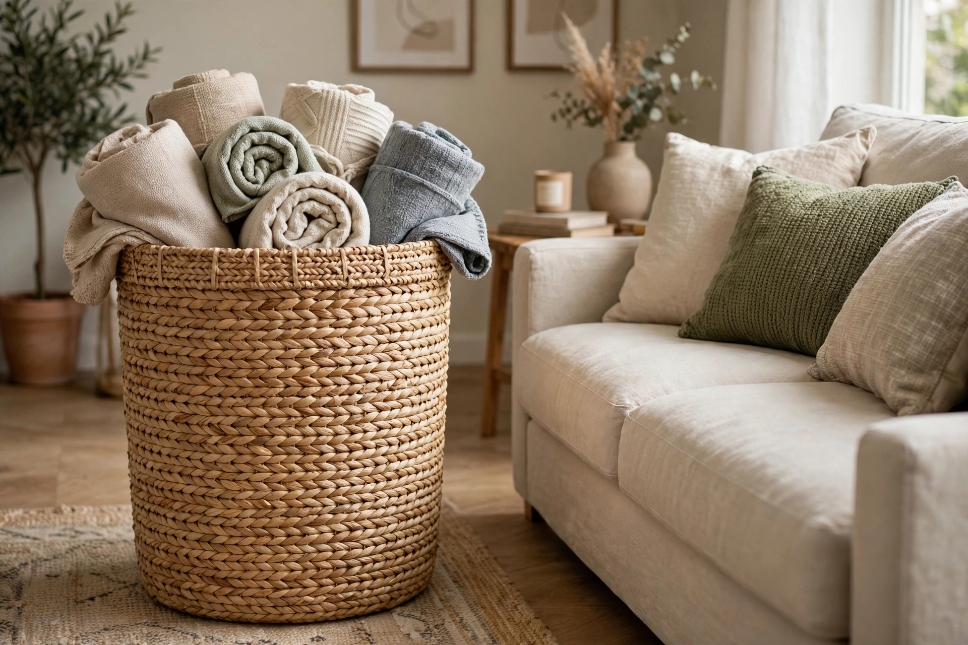 Tall seagrass floor basket filled with rolled throw blankets by a sofa