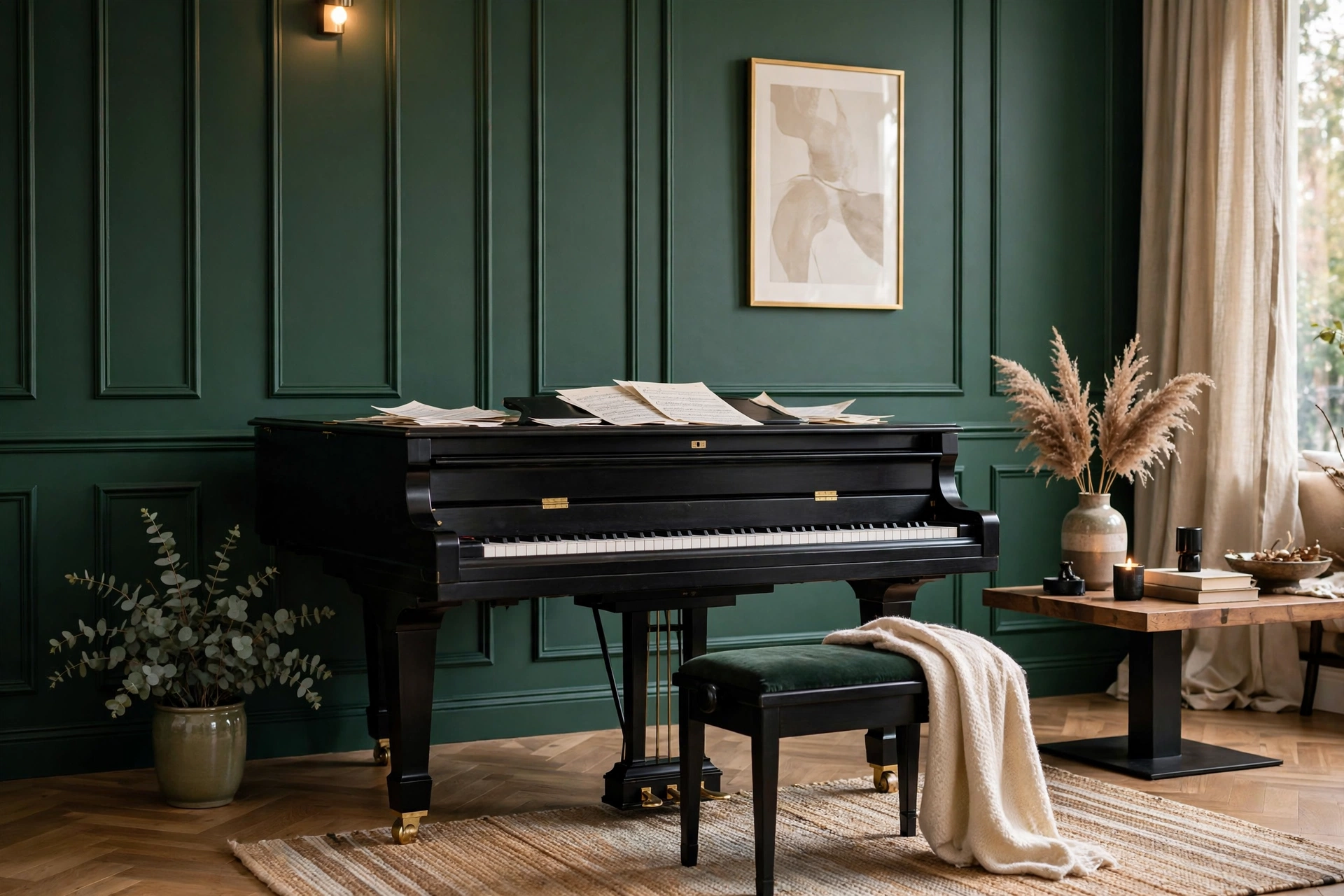 Black grand piano anchored against a deep green feature wall