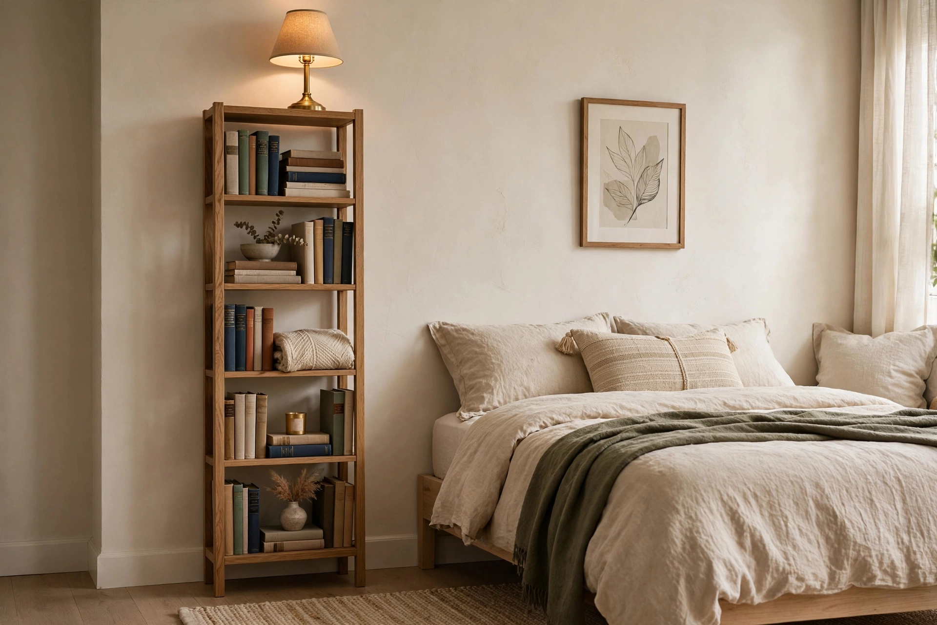 Tall narrow bookcase beside a bed styled with books and a lamp