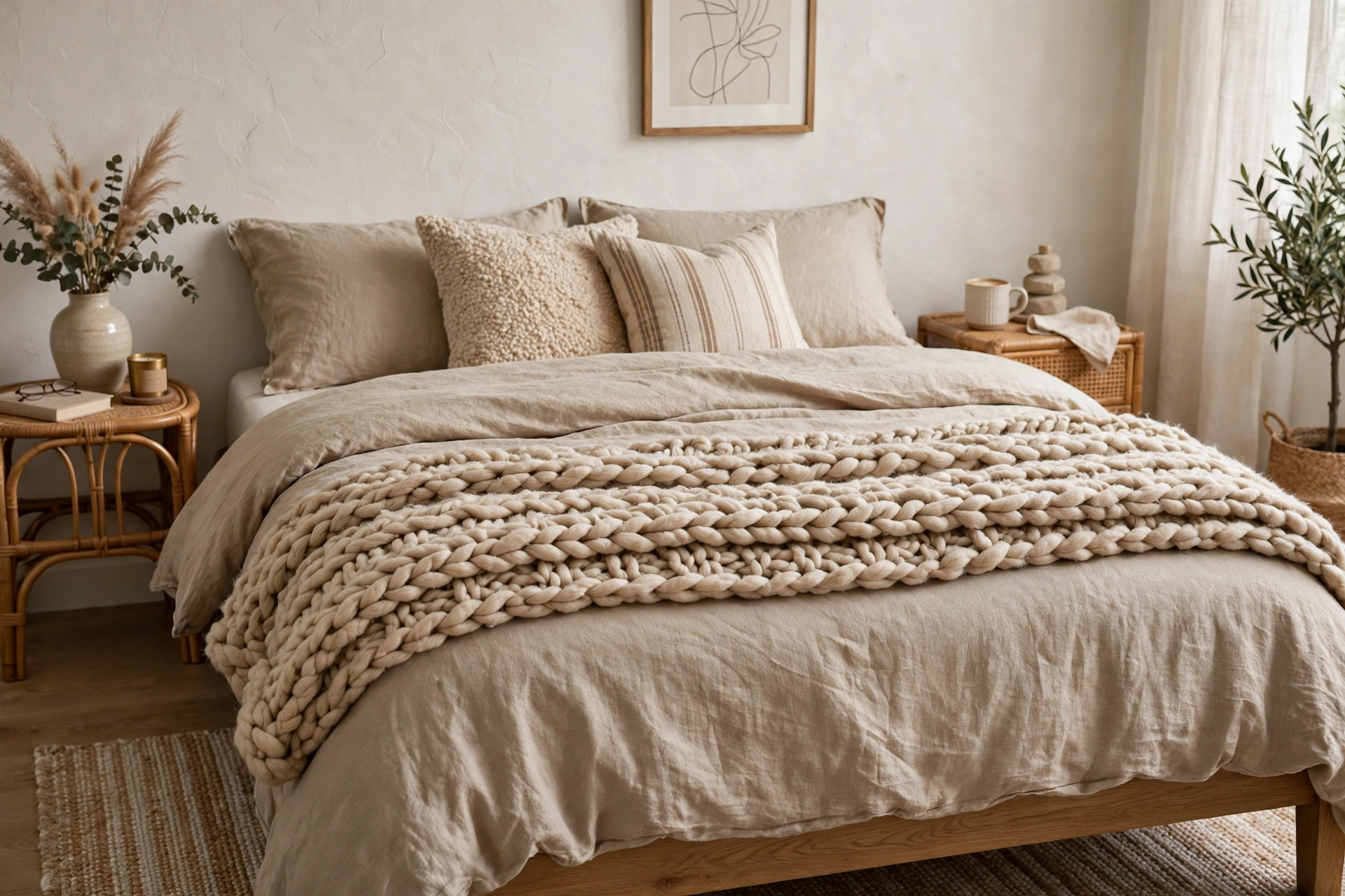 Chunky knit throw blanket folded across the foot of a styled bed