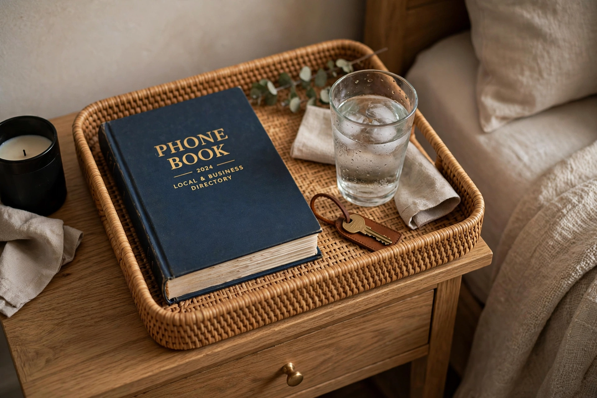 Nightstand tray organizing phone book and water glass neatly