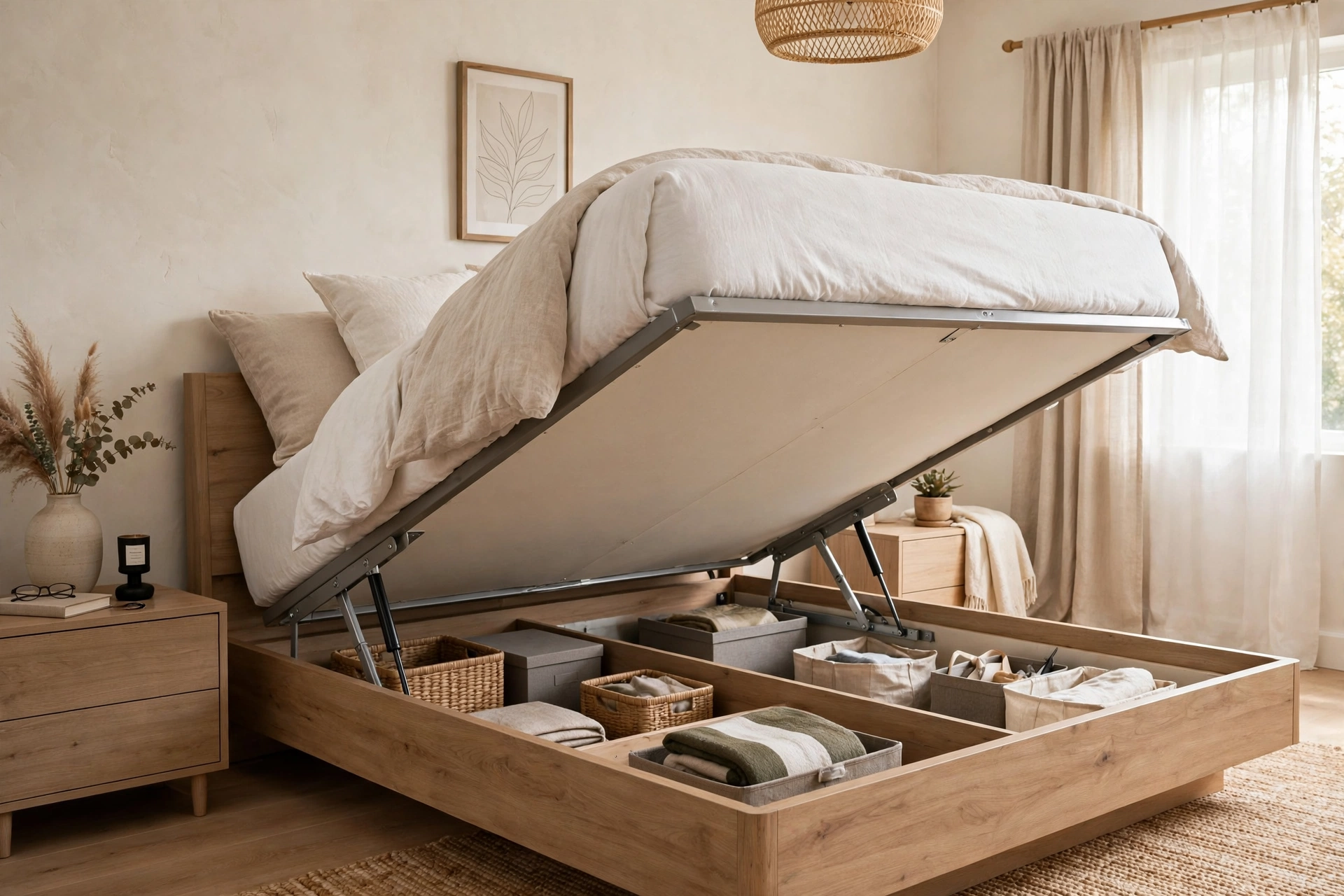 Hydraulic lift-up storage bed revealing spacious under-mattress compartment