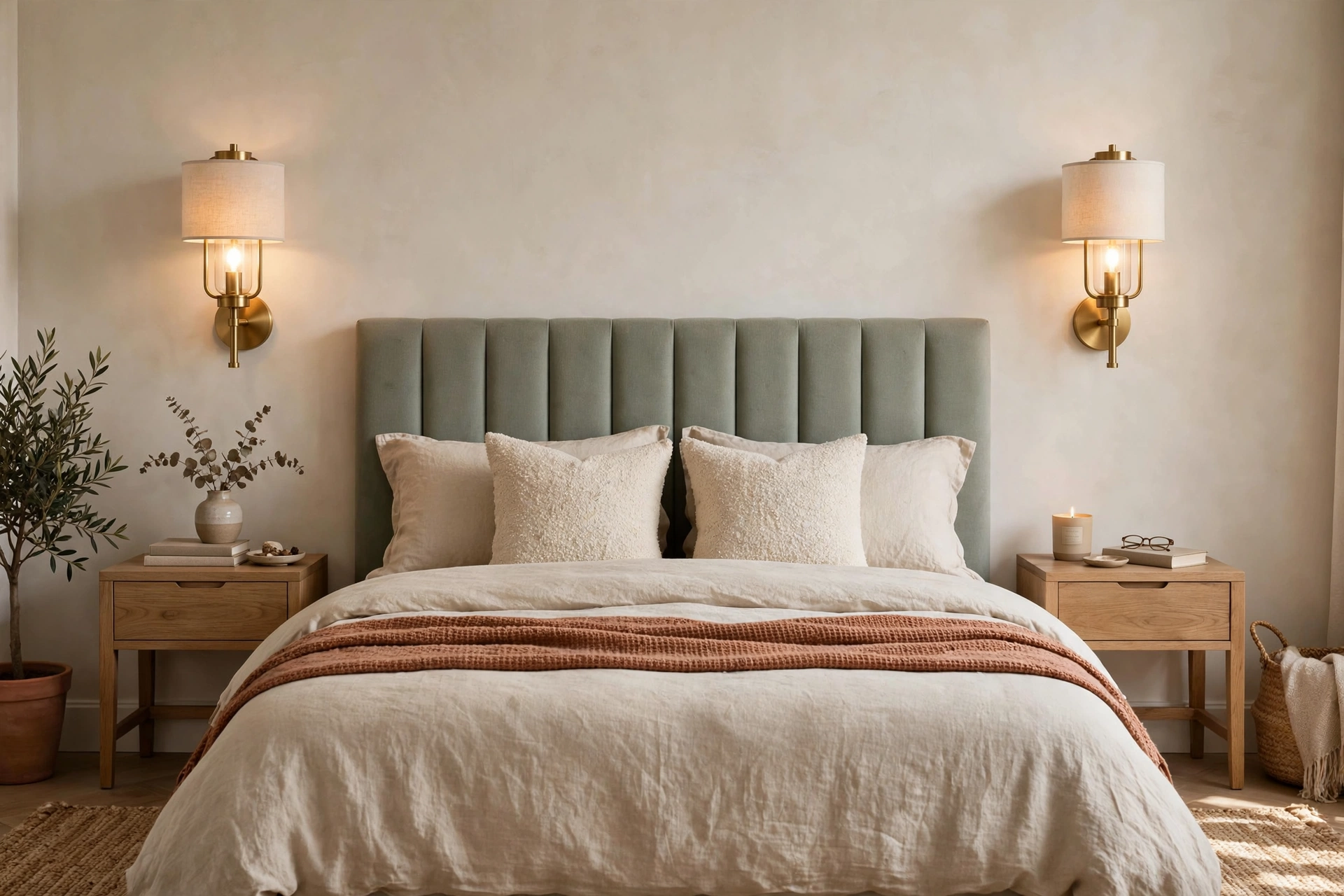 Matching wall sconces symmetrically flanking a bed with headboard