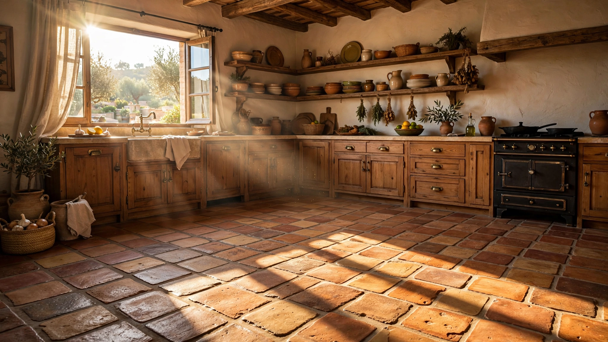Mediterranean kitchen with hand-laid terracotta tile floor and warm wood cabinets