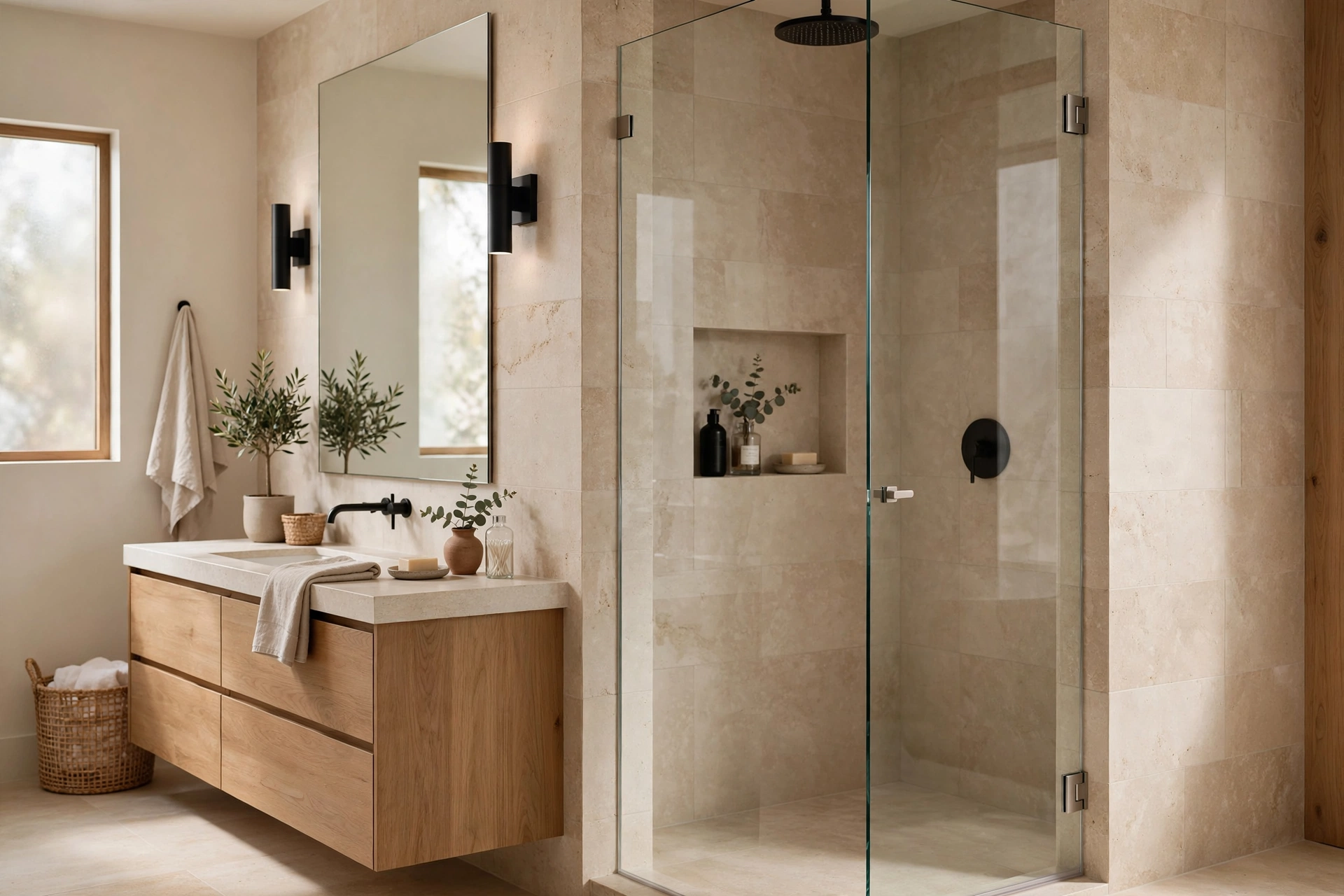 Frameless glass shower door with minimal hinges in a modern bathroom