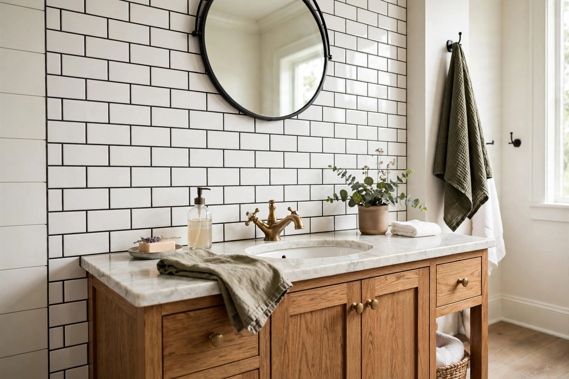 Classic white subway tile backsplash with dark grout in a bathroom