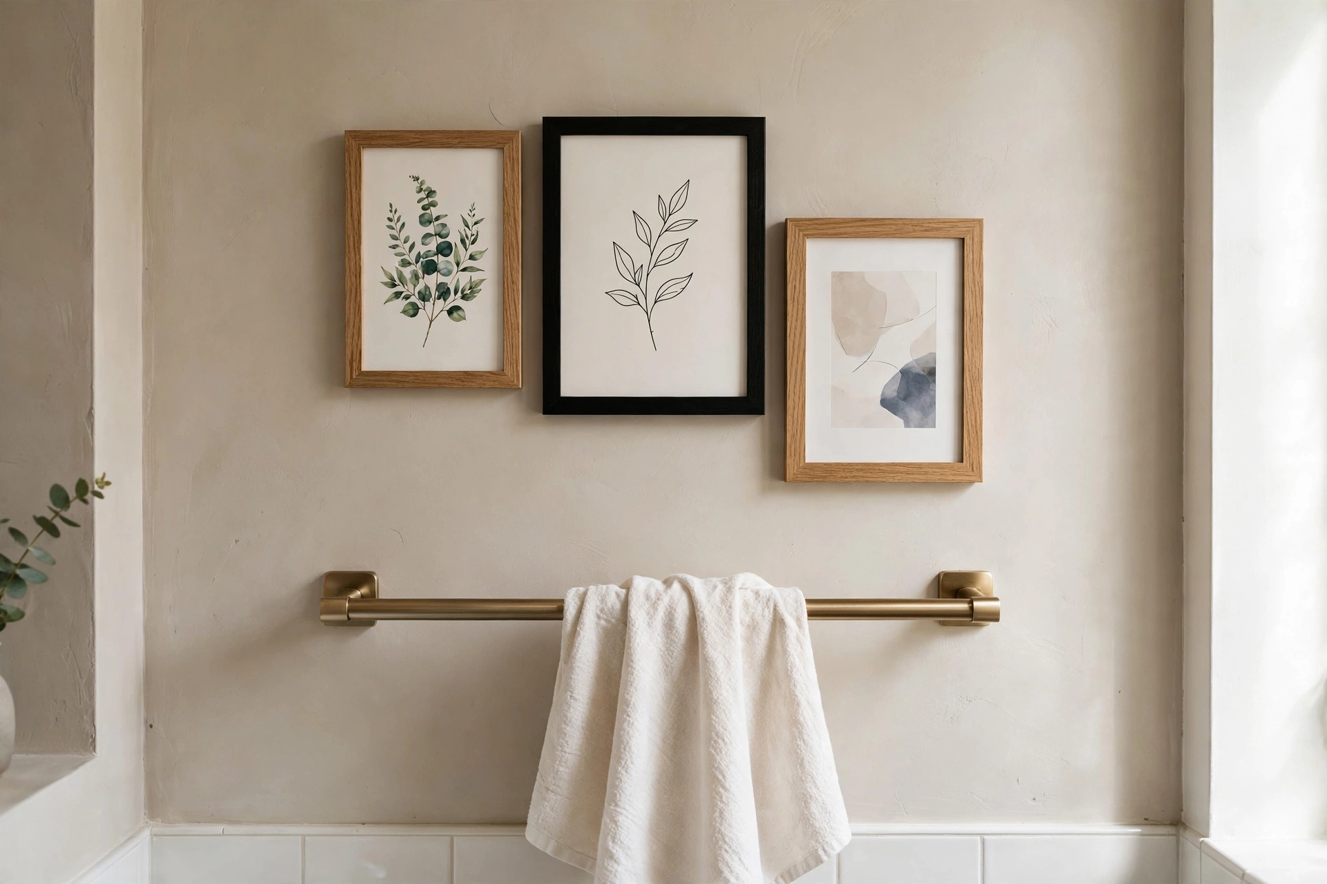 Small gallery wall of framed prints arranged above a bathroom towel bar