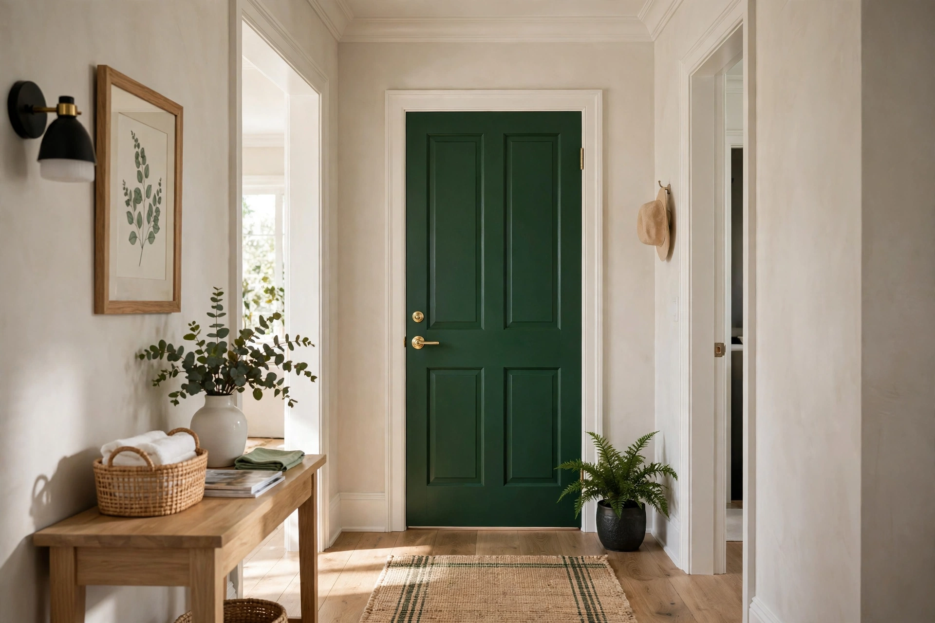 Bathroom door painted bold forest green with white trim in a hallway