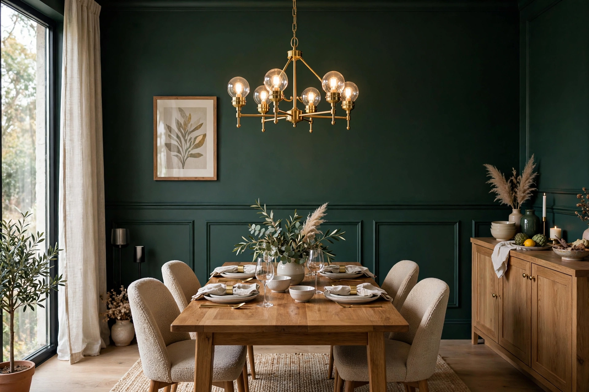 Dining room with a deep moody green accent wall and brass chandelier