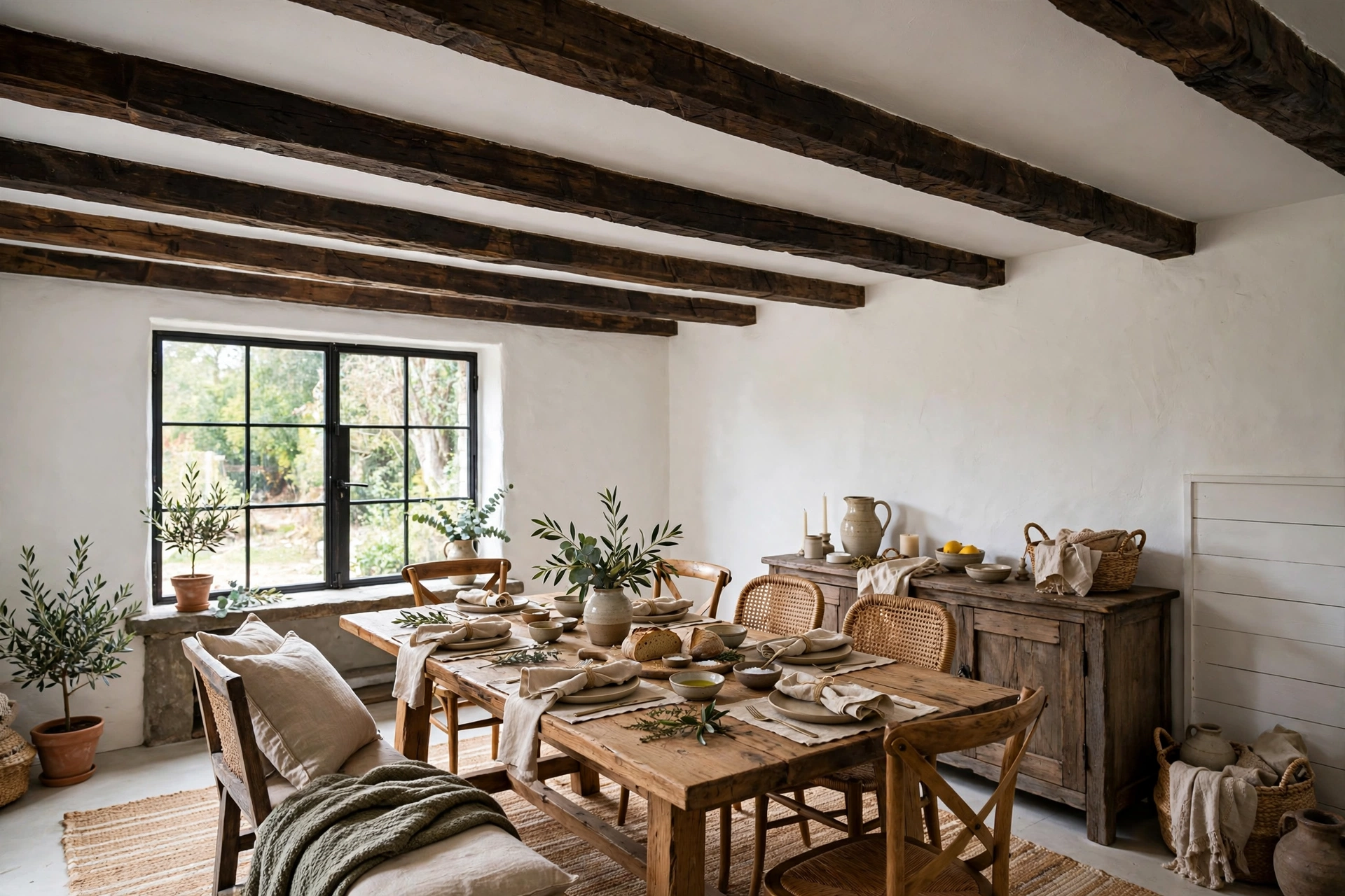 Rustic dining room with dark exposed wood beams across white ceiling