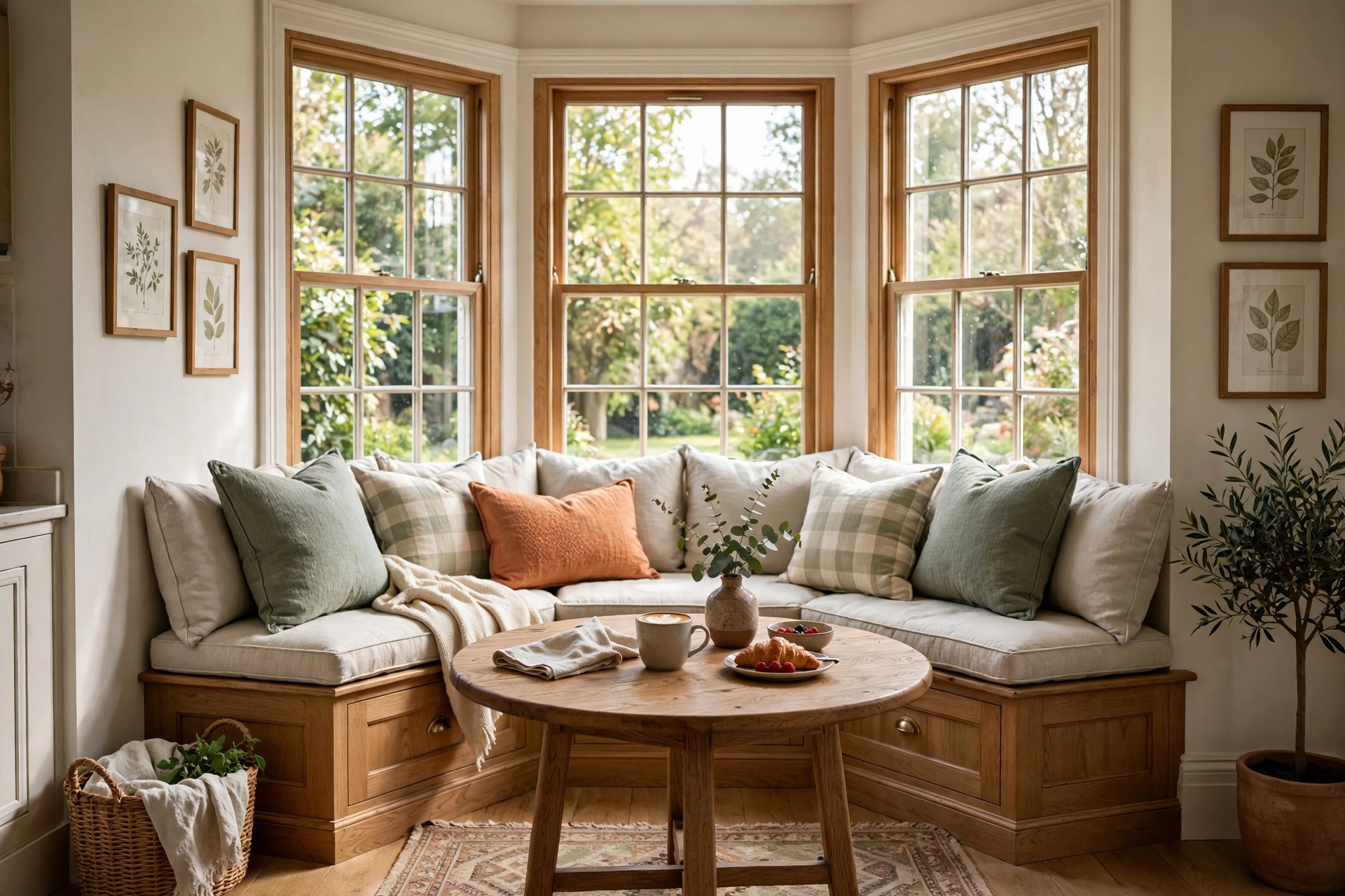 Built-in banquette breakfast nook tucked into a dining room bay window