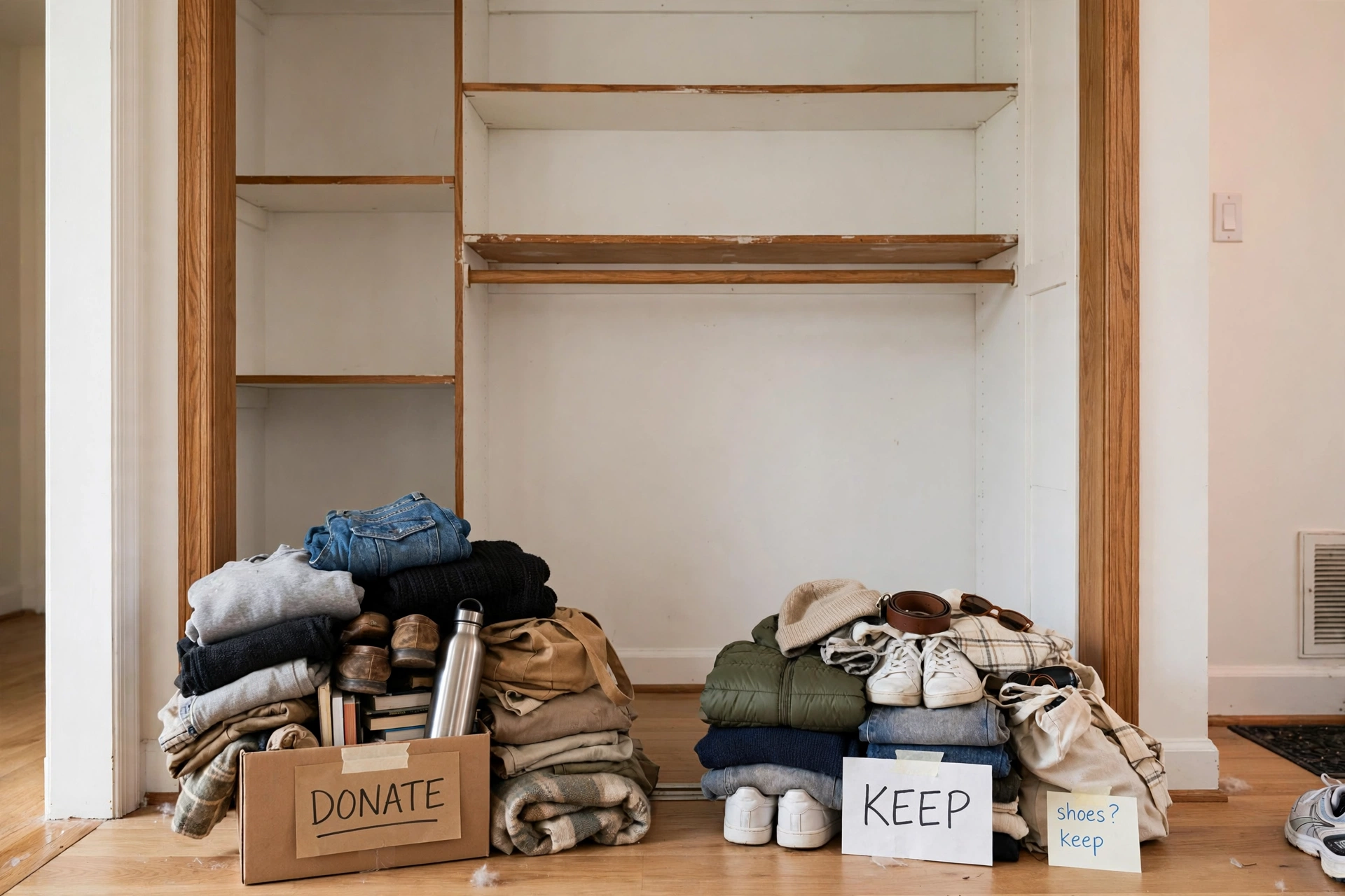 Empty entryway closet mid-declutter with sorted donate and keep piles