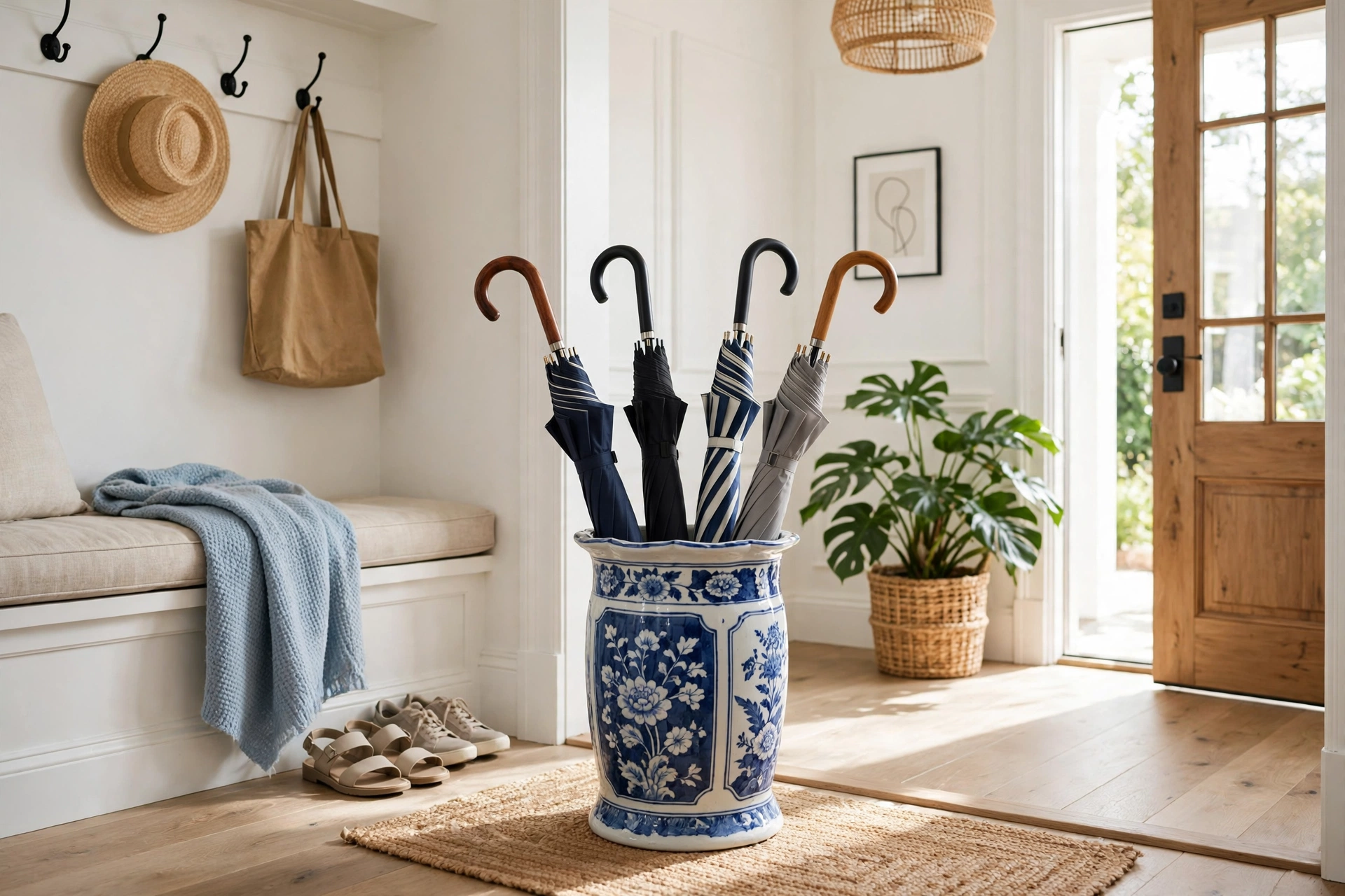 Blue and white ceramic umbrella stand holding umbrellas in an entryway