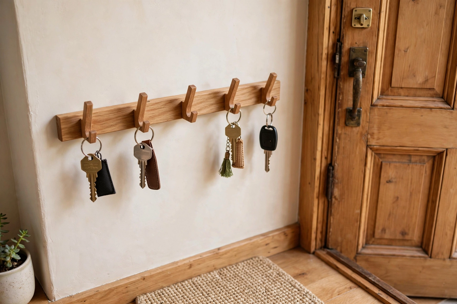 Simple wooden row of hooks holding keys beside an entryway door