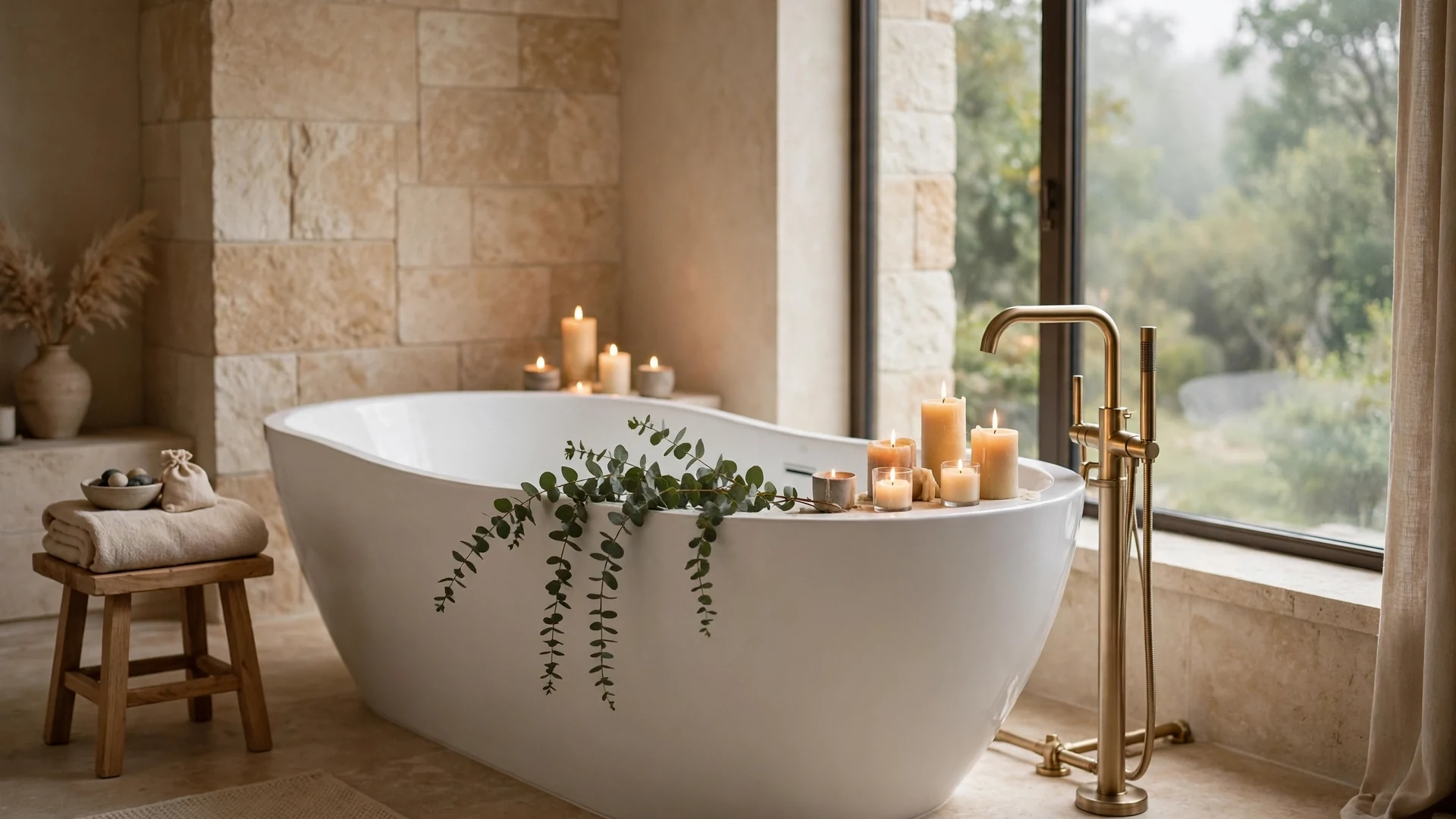 Freestanding white soaking tub as the centerpiece of a calm spa-style bathroom