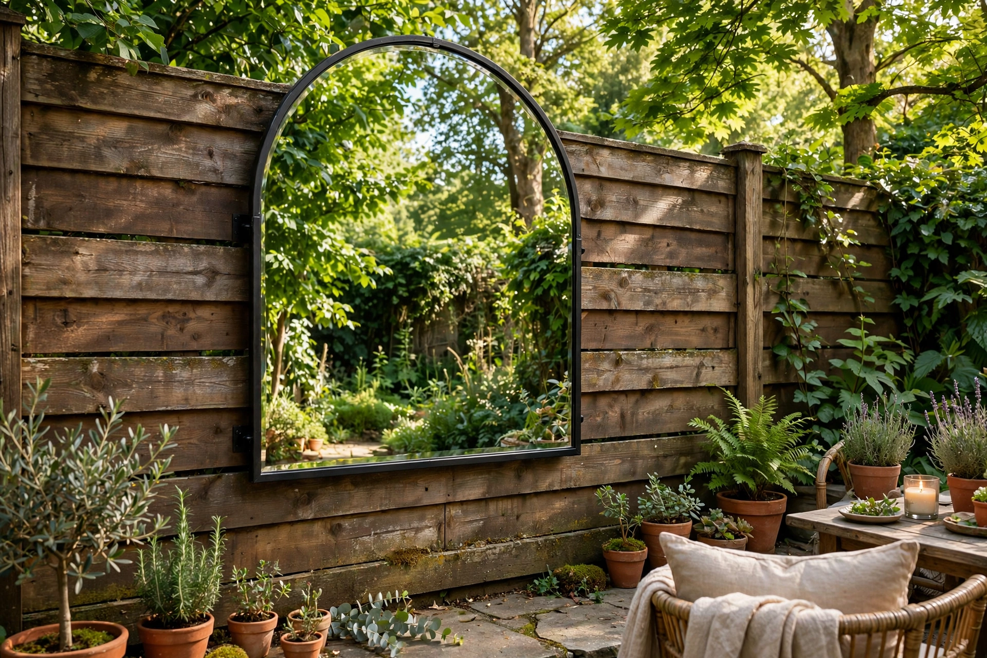 Arched weatherproof mirror mounted on a wooden fence reflecting garden greenery