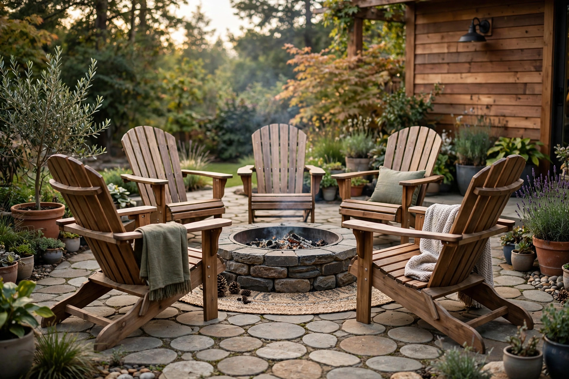 Adirondack chairs arranged in a circle around a stone fire pit