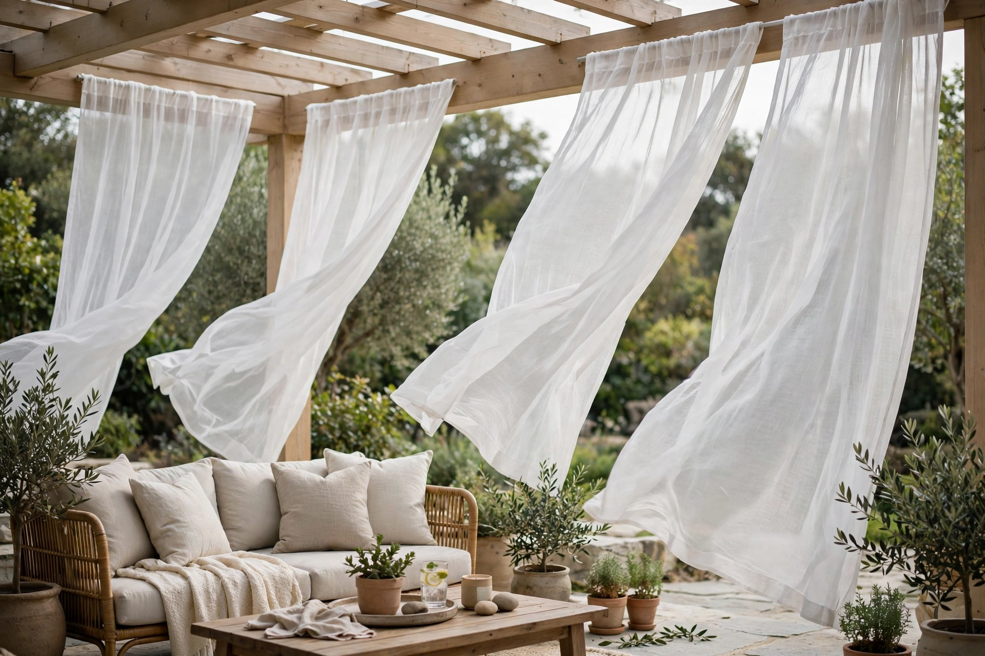 Sheer white outdoor curtain panels billowing on a shaded patio pergola