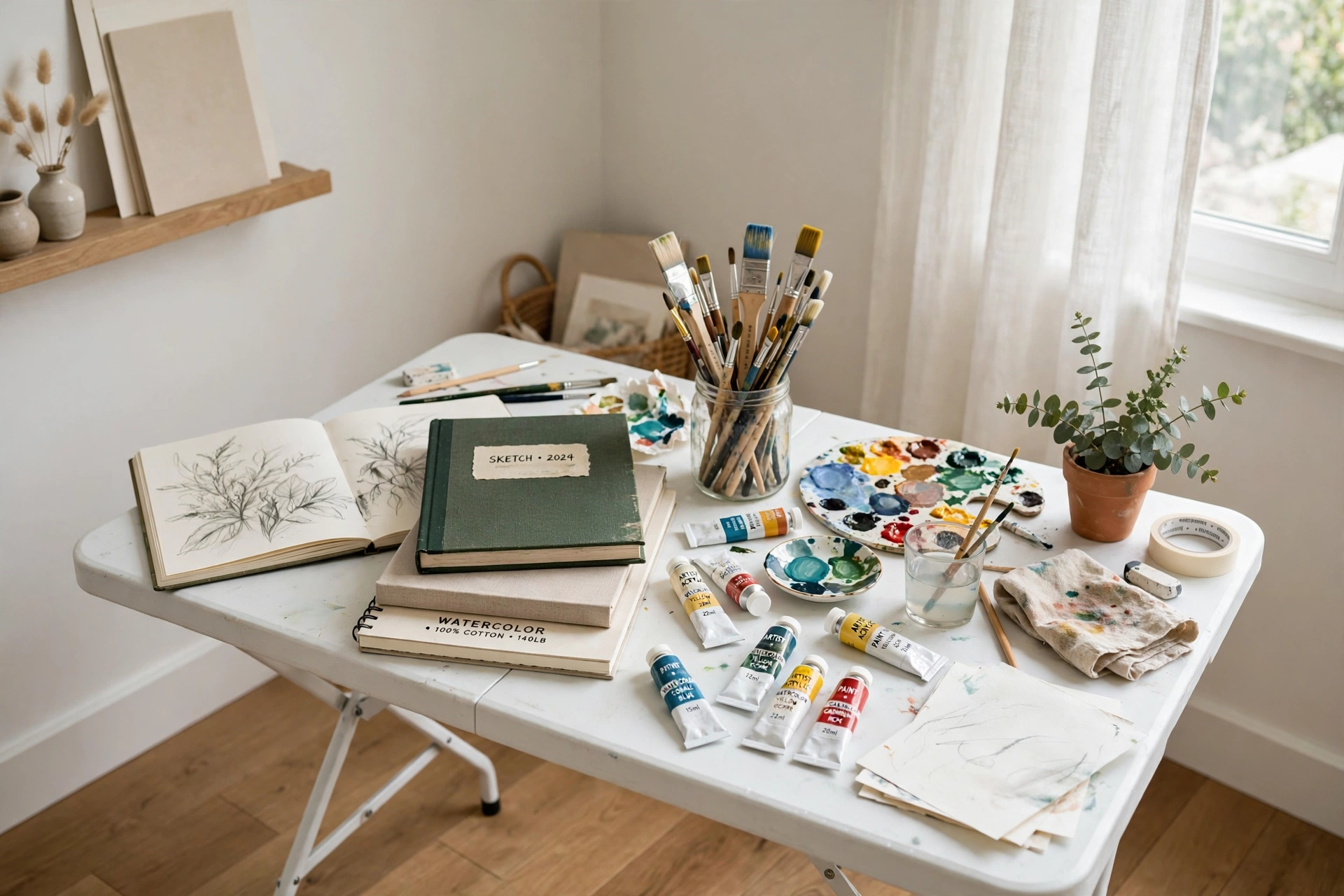 Folding table art setup in a bright corner with paints and brushes