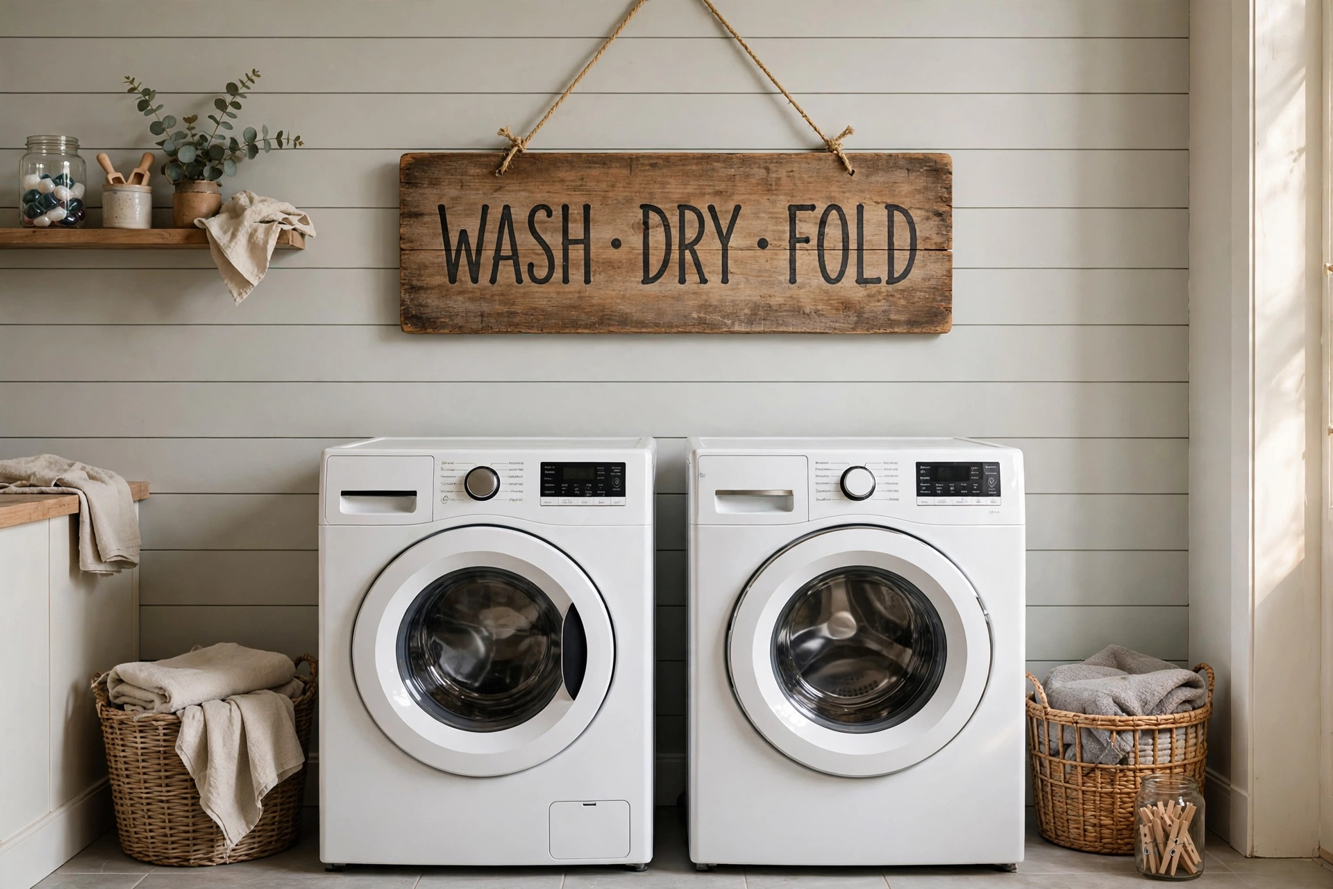Wooden wash dry fold sign hanging above a washer and dryer